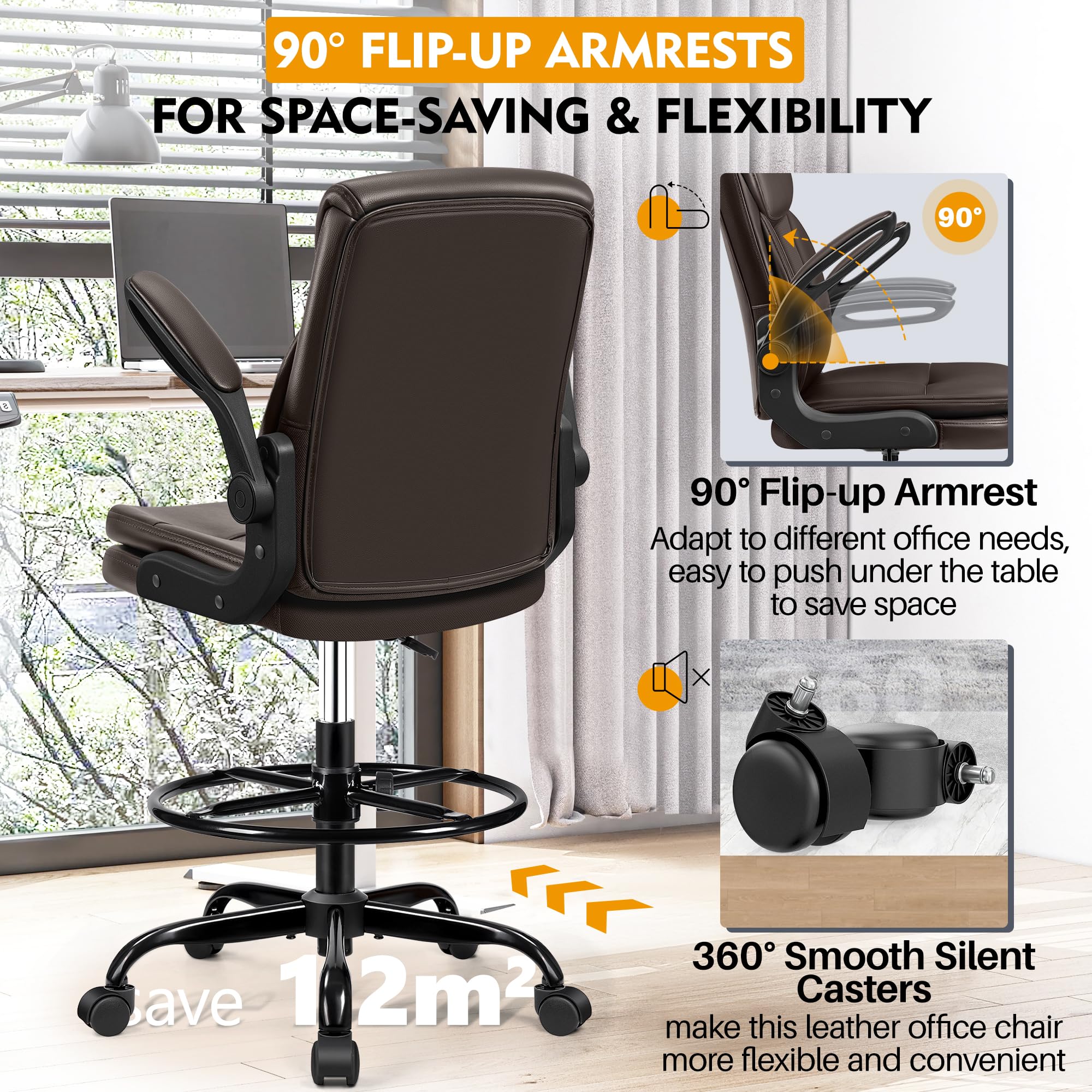 Ergonomic Drafting Chair - Adjustable Height Leather Office Chair with Flip-Up Armrests & Foot Ring - Lumbar Support for Home, Office & Studio - Comfortable Executive Desk Chair (Brown) - Perfect for Architects, Artists & Long Work Sessions