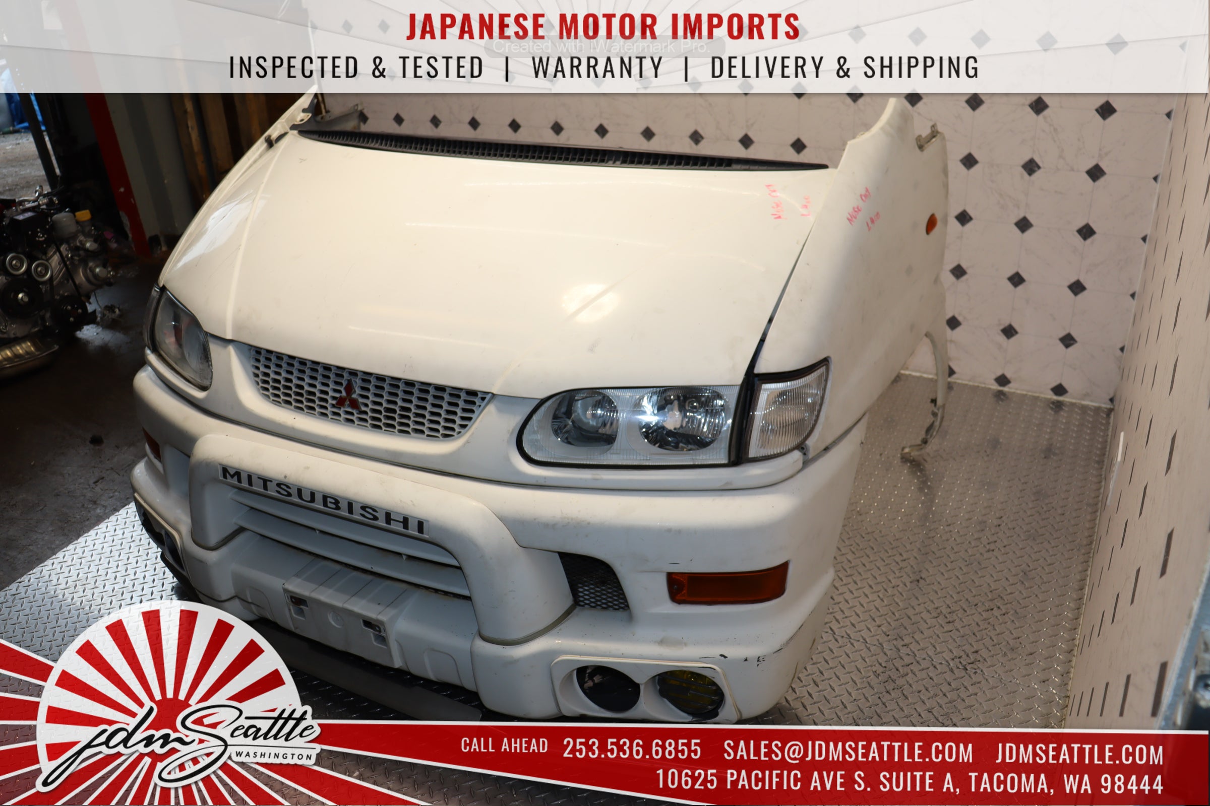 1997-2007 Mitsubishi Delica Front End Kit - Complete Nose Cut with Hood, Bumper & Headlights (White) | JDM Parts Replacement for Off-Road Adventures & Restoration Projects