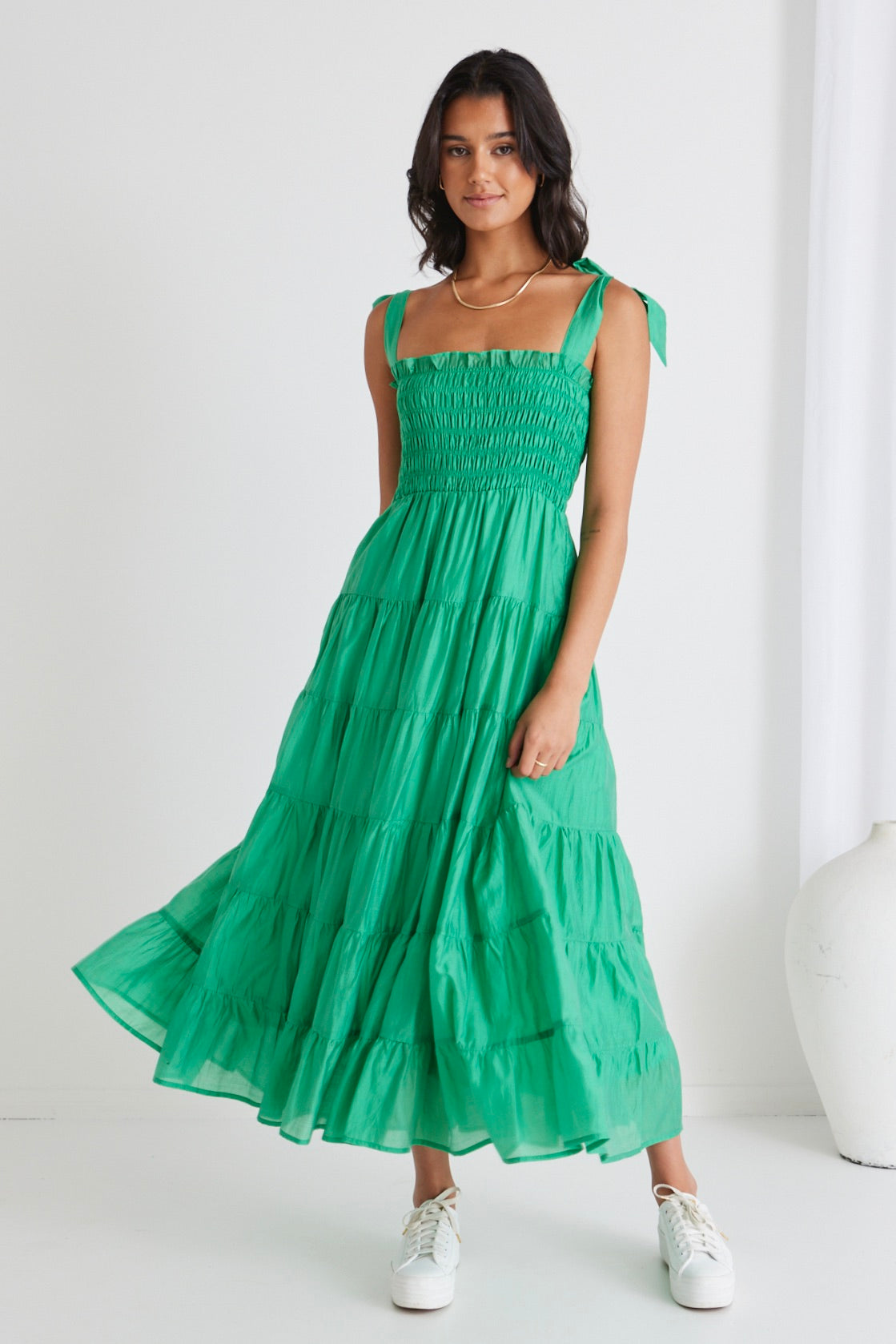 Isabella Green Strappy Tiered Maxi Dress for Women - Summer Beach Wedding Party Dress - Flowy Boho Long Dress with Slit