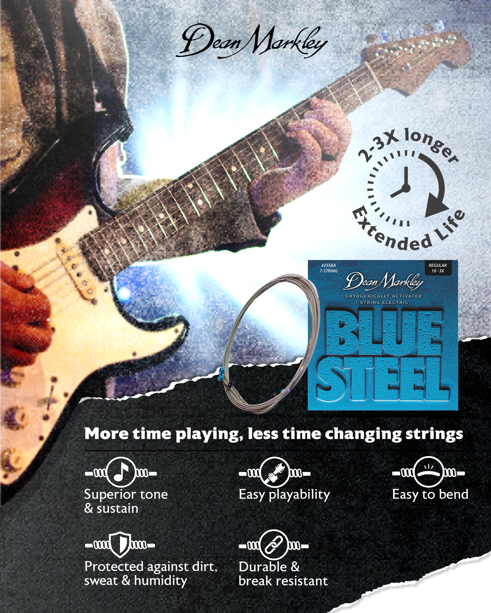 DEAN MARKLEY 2556A Blue Steel Electric Guitar Strings - 7-Piece Set | Cryogenically Treated for Extended Durability, Enhanced Performance & Superior Tone | Made in USA (10-56 Gauges) | Perfect for Rock, Blues & Metal Performances