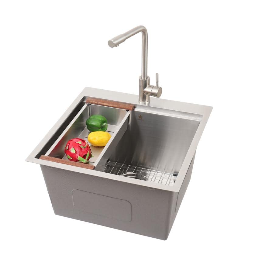 Premium 304 Stainless Steel Single Bowl Workstation Sink - Topmount/Drop-in Design for Kitchen, Yard, Bar, Laundry & Office - Includes Grid, Colander, Cutting Board & Strainer (22