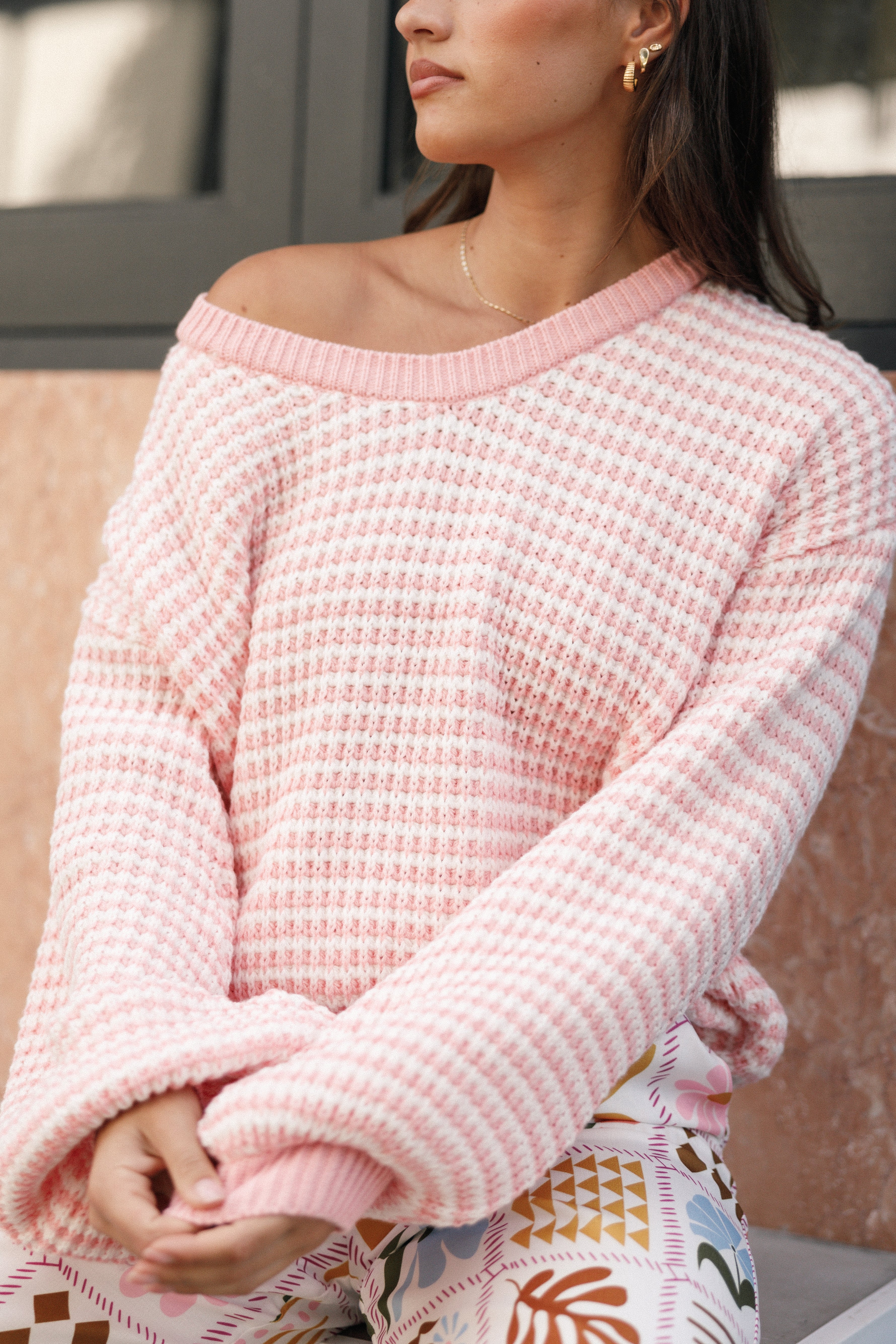 Becca Women's Waffle Knit Sweater - Striped Crewneck Pullover (Pink) | Cozy Casual Wear for Fall & Winter | Perfect for Office, Dates & Weekend Outings