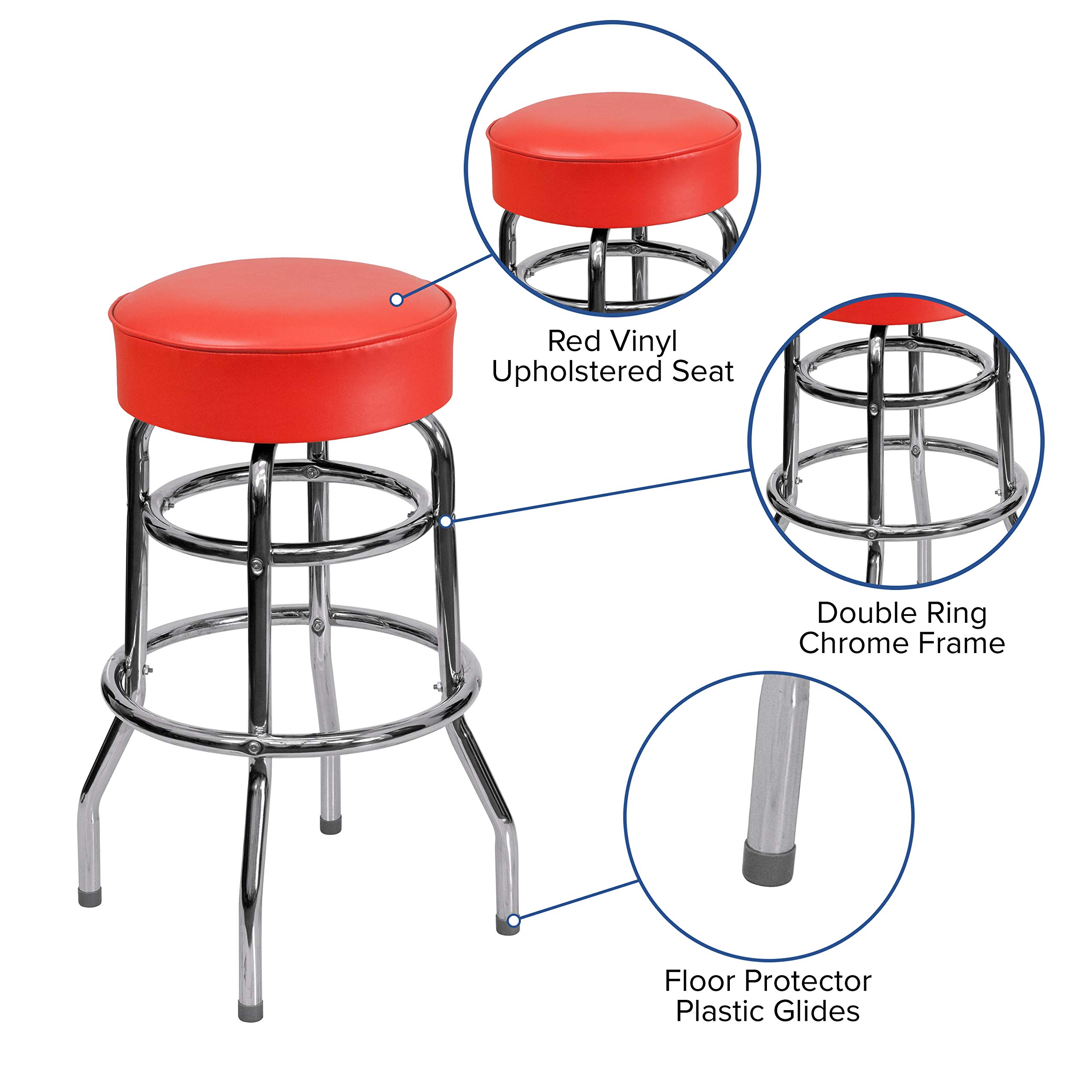 Chrome Bar Stool with Double Ring Design and Red Cushion Seat - Perfect for Kitchen Islands, Breakfast Bars, and Modern Dining Areas