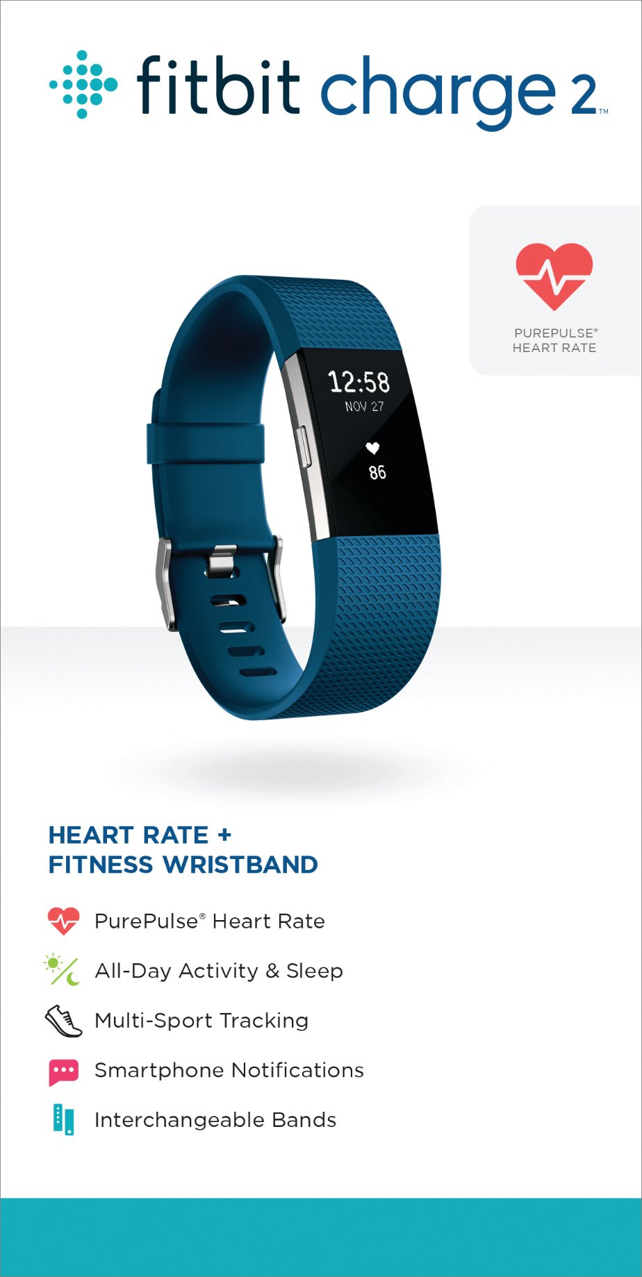 Fitbit Charge 2 Fitness Tracker with Heart Rate Monitor - Large Blue Wristband (US Version) | Perfect for Running, Gym Workouts & Daily Activity Tracking
