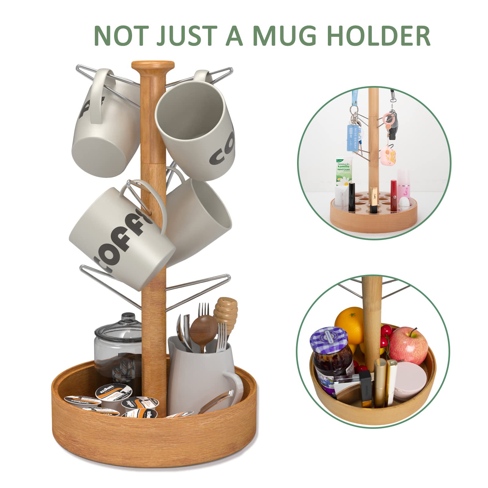 Wooden Mug Tree Coffee Cup Holder - Countertop Organizer for 6 Mugs & 15 Coffee Capsules - Space-Saving Coffee Bar Accessory for Home, Office & Kitchen Decor (Perfect for Coffee Lovers & Small Spaces)