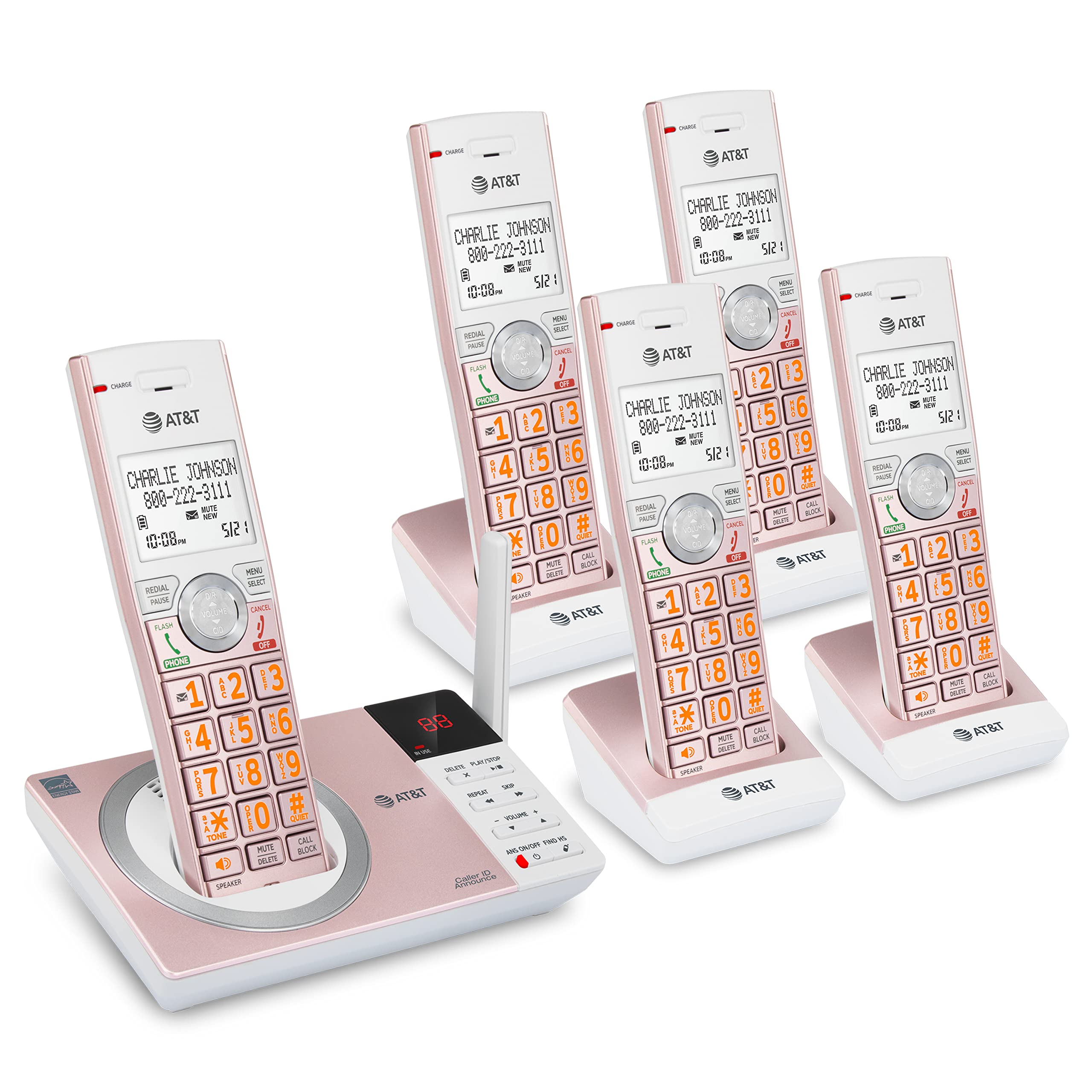 AT&T CL82557 DECT 6.0 Cordless Phone with 5 Handsets - Home Office Telephone with Answering Machine, Call Blocking, Caller ID, Intercom & Long Range - Rose Gold for Home, Office & Business Use