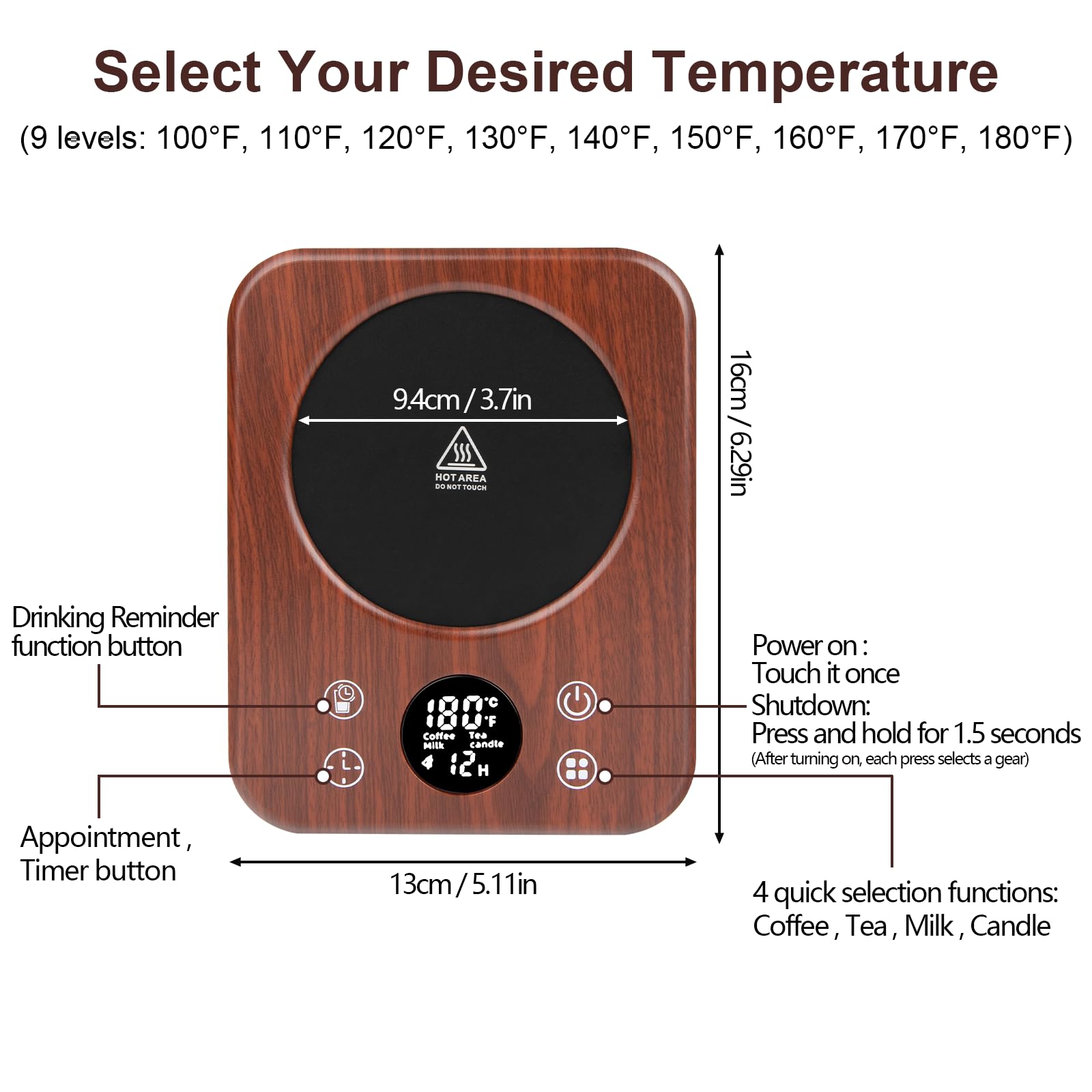 Smart Electric Coffee Mug Warmer with 9 Temperature Settings - Auto Shutoff & 12-Hour Timer - USB Powered Desktop Cup Warmer for Coffee, Tea, Milk - Perfect for Office, Home & Gift Giving