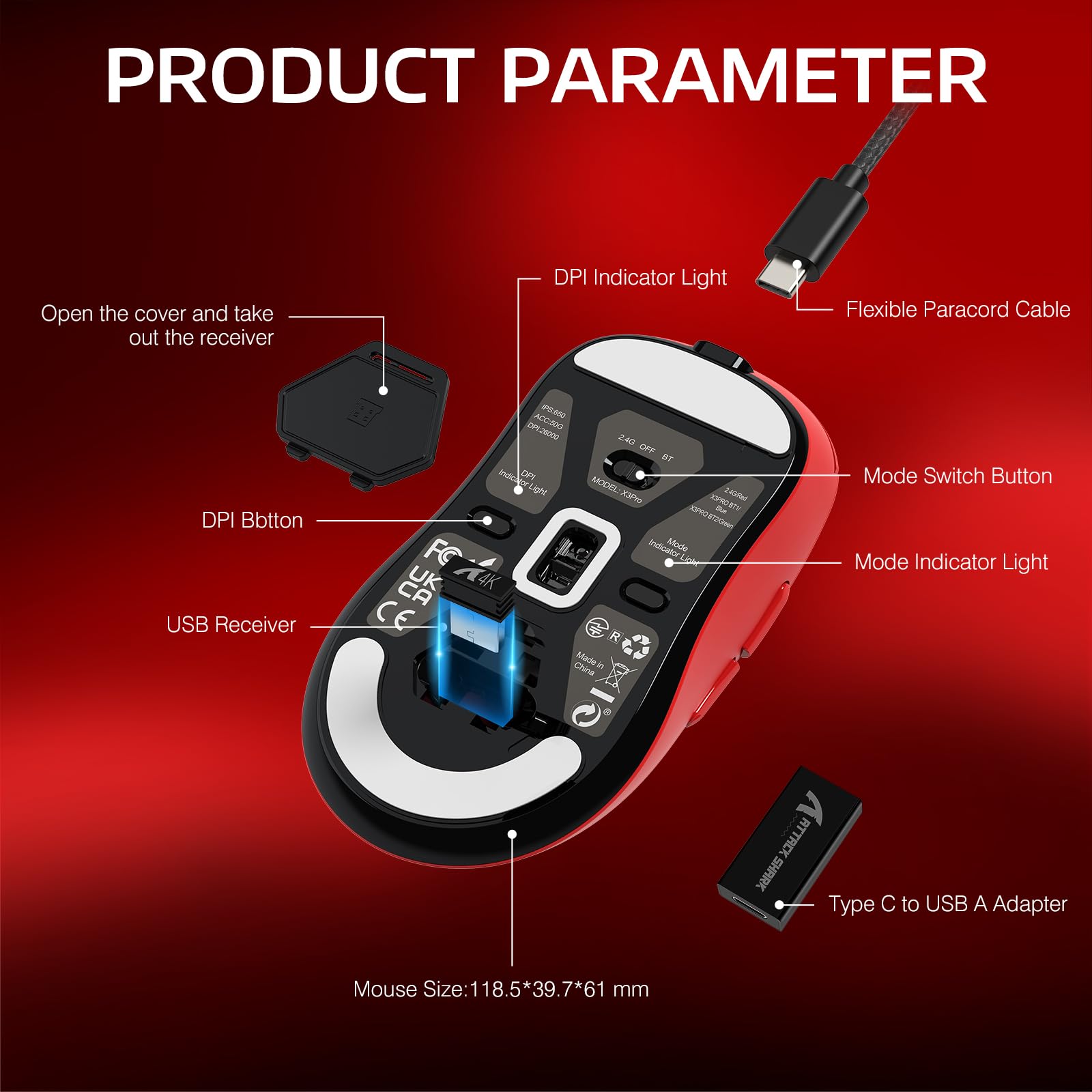 ATTACK SHARK X3PRO Wireless Gaming Mouse - 4K/8K Polling Rate, Lightweight Design, Tri-Mode (Wired/2.4GHz/BT), PAW3395 Optical Sensor, 26K DPI, Kailh GM8.0 Switches, Long Battery Life, 7 Programmable Buttons - Compatible with PC, Laptop, Windows & Mac (Red) - Perfect for FPS, MOBA & Esports Gaming