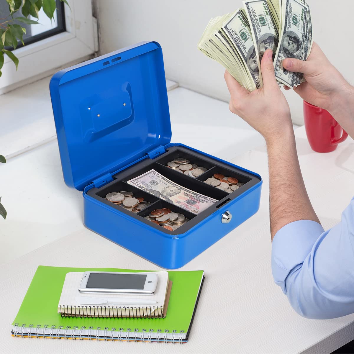 Lovndi Metal Cash Box with Money Tray & Lock - 9.84 x 7.87 x 3.54 Inches Blue Lockbox for Small Business, Home Office, Retail Store & Event Money Security