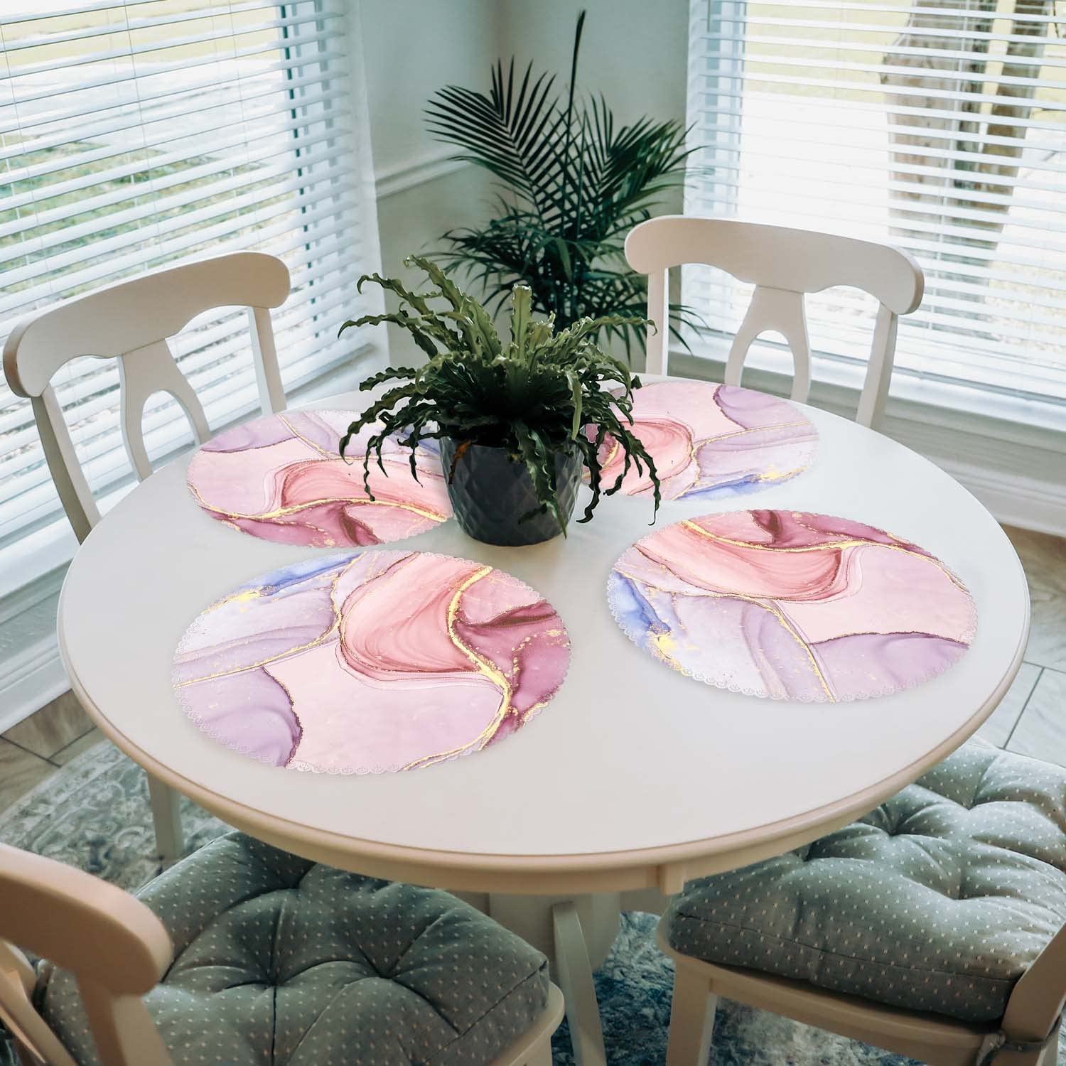 Round Heat-Resistant Washable Polyester Placemats Set of 4 - Pink Marble Design for Kitchen & Dining Table Decor | Perfect for Everyday Meals, Dinner Parties, and Holiday Gatherings