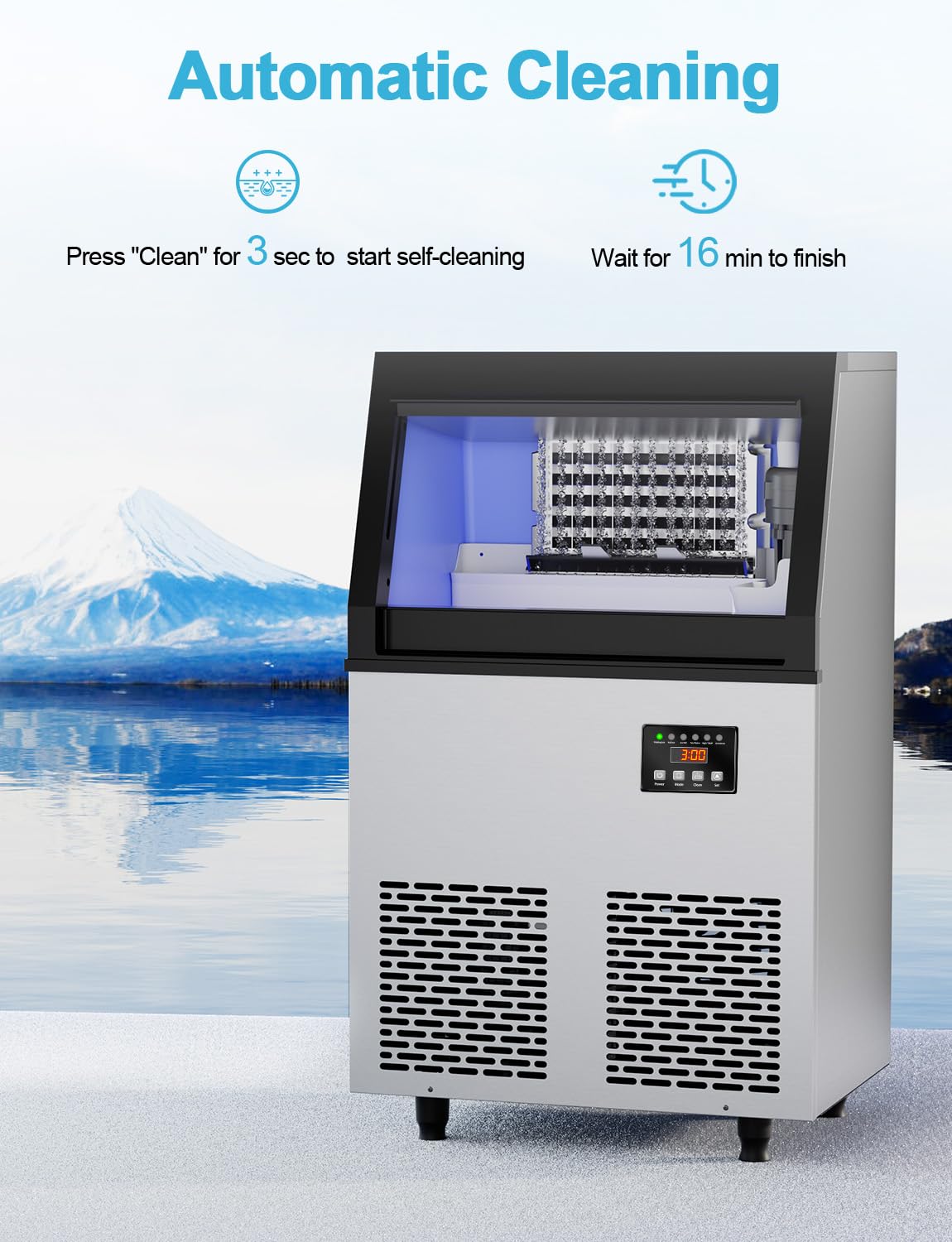 Commercial Ice Maker Machine 100lbs/24H, 34lbs Storage Capacity - Fast Ice Production (45 Cubes in 6-15 Min) - Freestanding Ice Machine for Bars, Restaurants, Offices & Home Use - Perfect for Cocktails, Beverages & Party Events