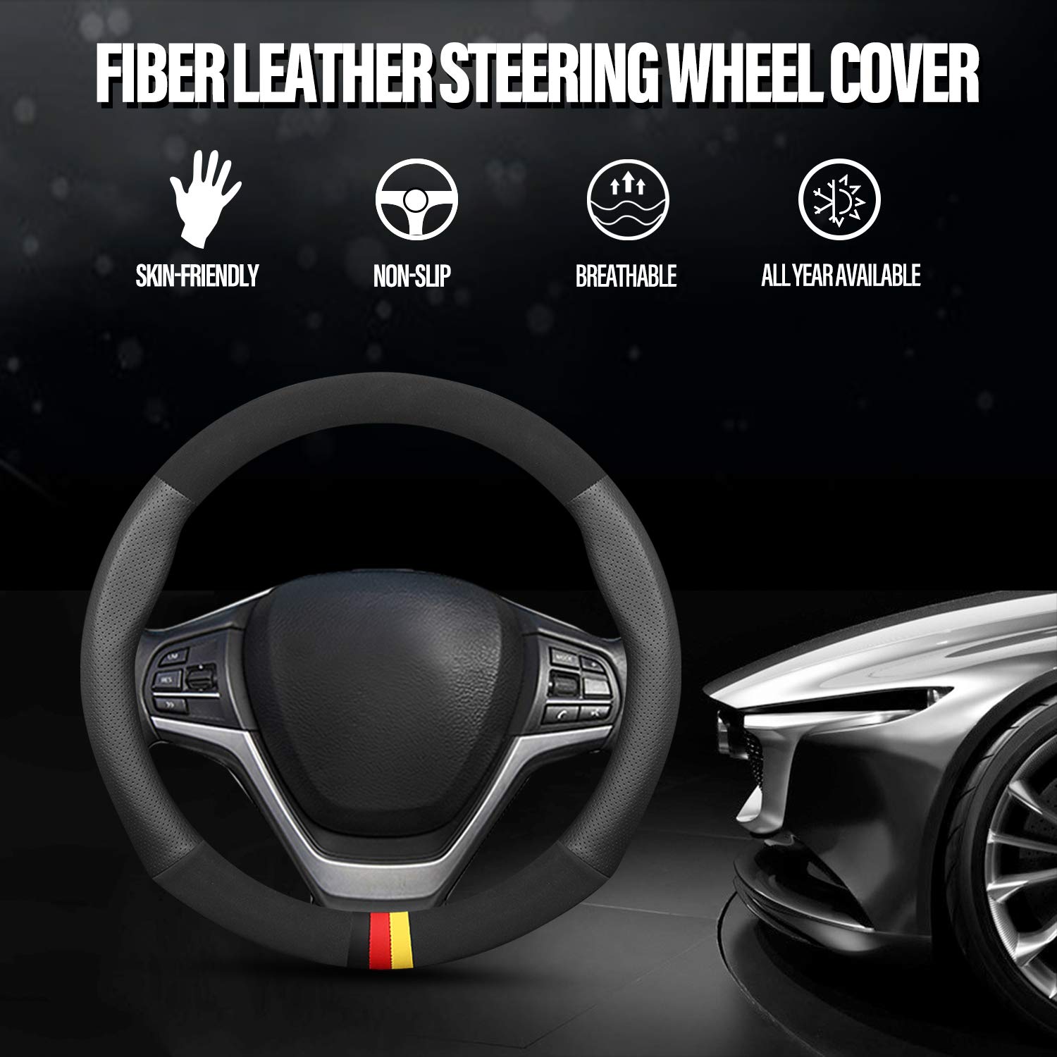 Ergocar Sport Microfiber & PU Leather Steering Wheel Cover - Non-Slip Grip, Universal Fit for 38cm (15