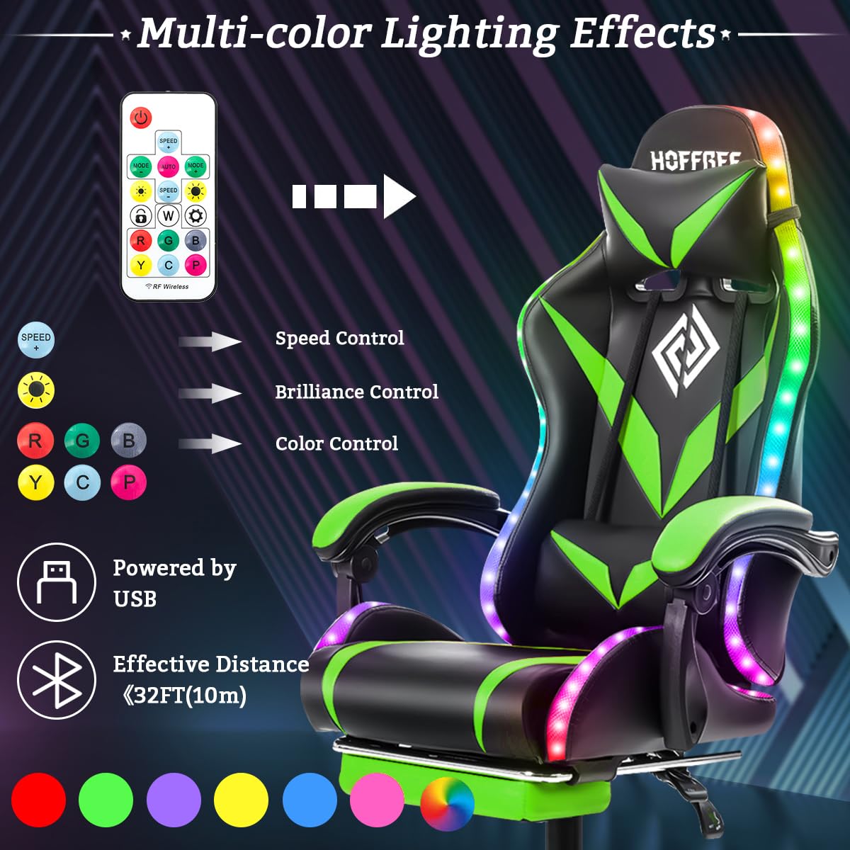 HOFREE Ergonomic Gaming Chair with Massage & LED Lights - High Back Reclining Computer Chair with Adjustable Lumbar Support & Footrest - Green & Black - Perfect for Esports, Streaming & Home Office Setup