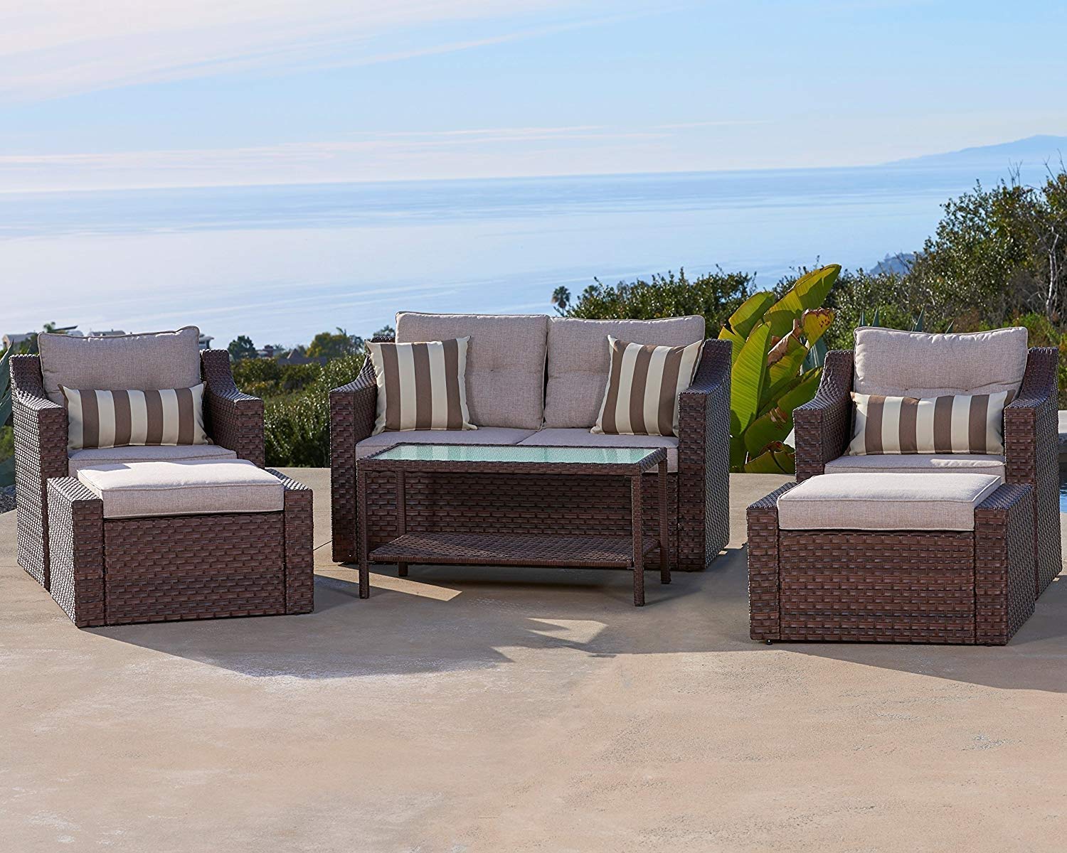 SOLAURA 7-Piece Brown Wicker Outdoor Patio Furniture Set with Cushions - Lounge Chairs, Ottoman, Loveseat & Glass Coffee Table - Weather-Resistant Rattan Conversation Set for Garden, Poolside & Backyard Relaxation