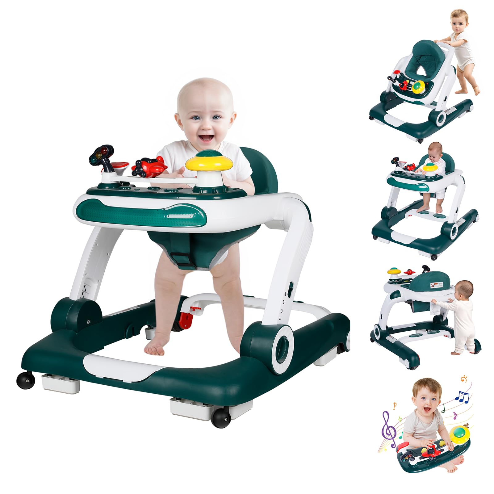 Kinder King 5-in-1 Baby Walker with Music & Lights - Adjustable Height Activity Walker for Toddlers, Anti-Rollover Safety Bumper, Learning-Seated & Walk-Behind Modes - Perfect for Indoor Play & Early Walking Development (Green)