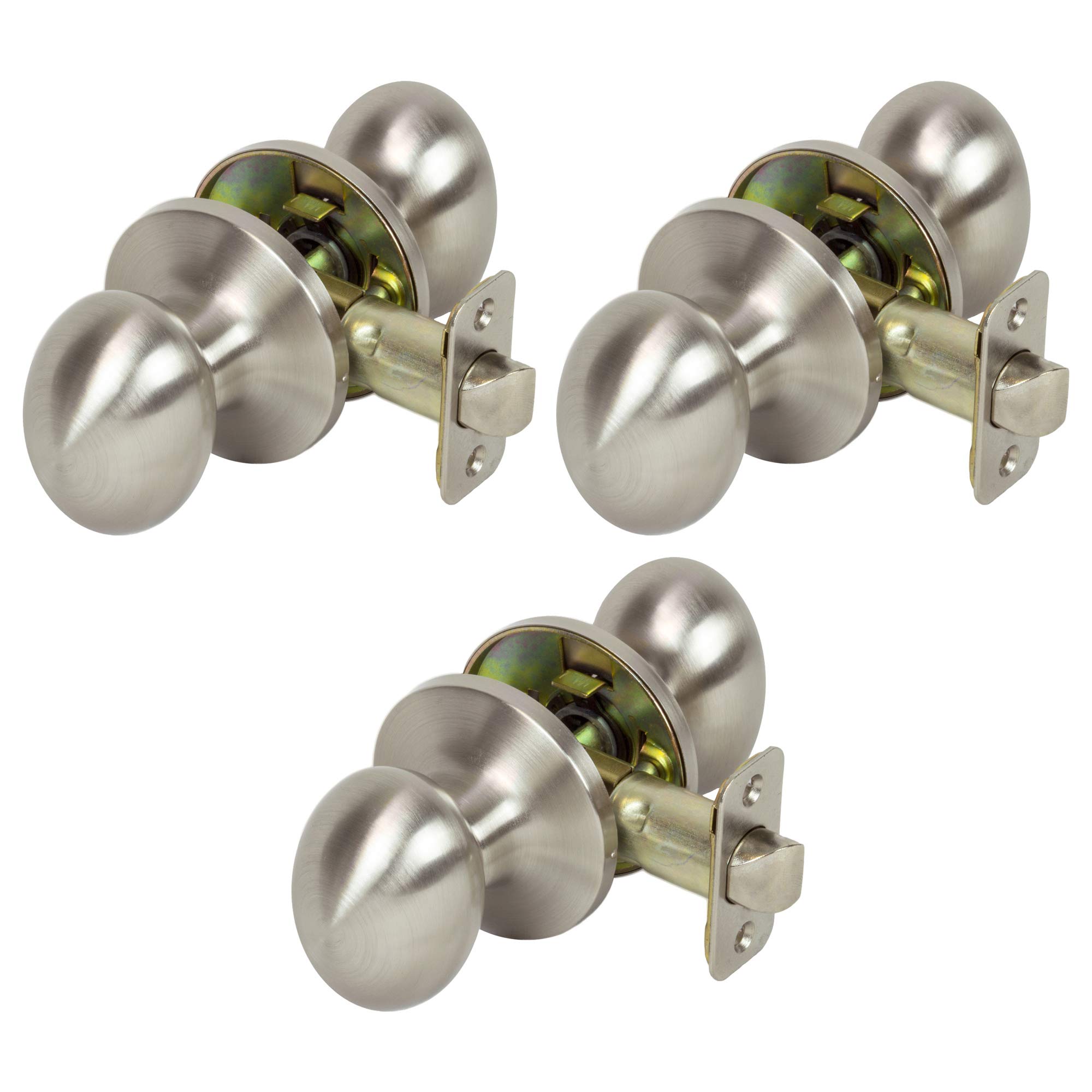 3-Piece Egg Style Door Knob Set - Satin Nickel Finish for Hallway, Closet & Passage Doors - Durable Hardware Value Pack - Perfect for Home, Office & Apartment Renovations
