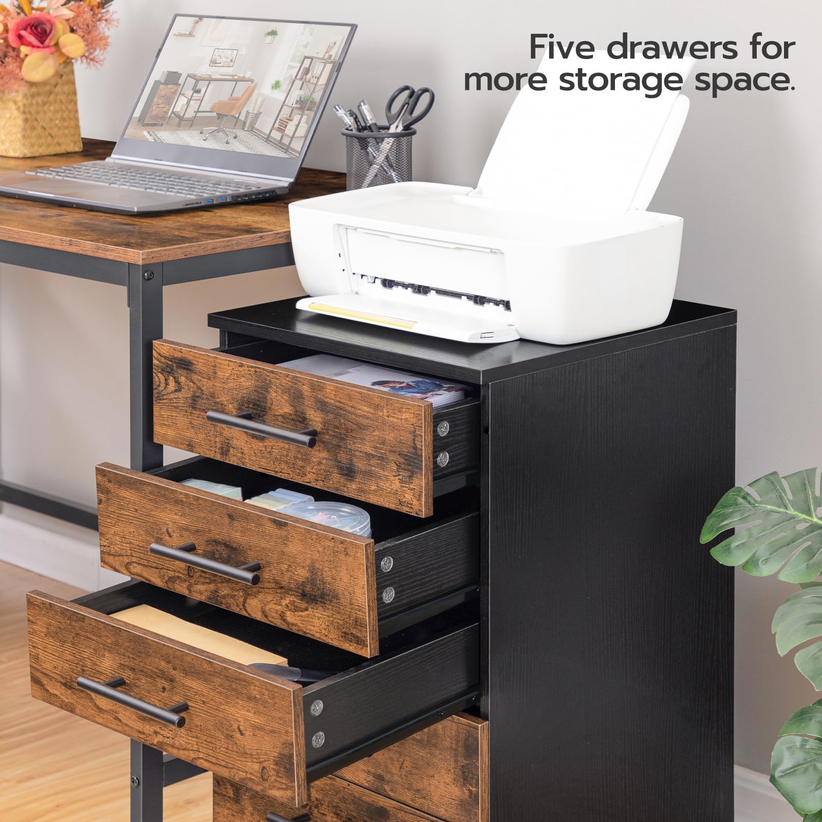 HOOBRO 5-Drawer File Cabinet with Wheels - Rustic Brown Wooden Storage Cabinet for Office, Home, Makeup & Craft Organization - Mobile Filing Cabinet with Easy Assembly - Perfect for Home Office, Bedroom & Beauty Salon Storage