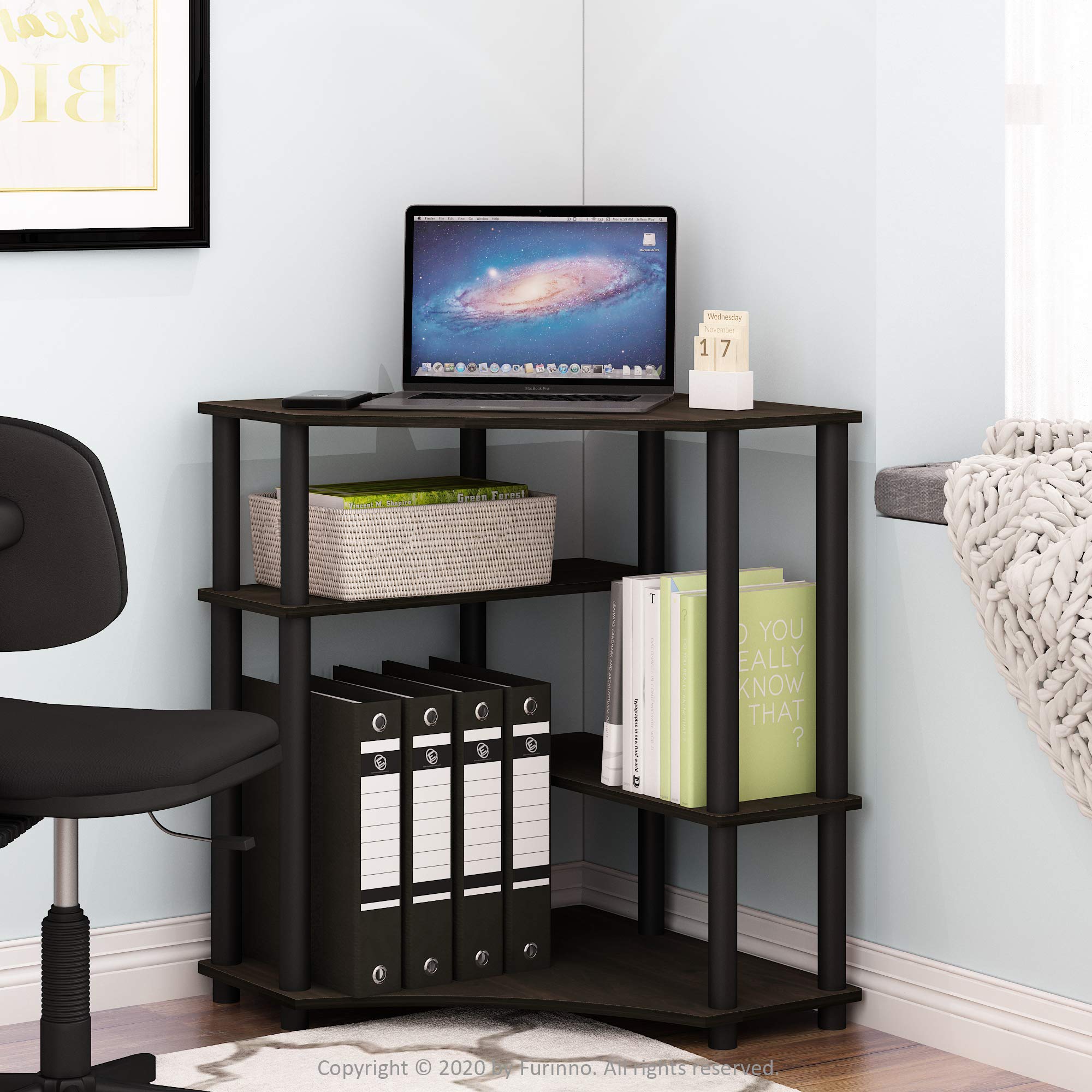 FURINNO Turn-N-Tube Compact Corner Computer Desk with Storage Shelf - Espresso/Black Finish - Perfect for Small Spaces, Home Office & Dorm Rooms