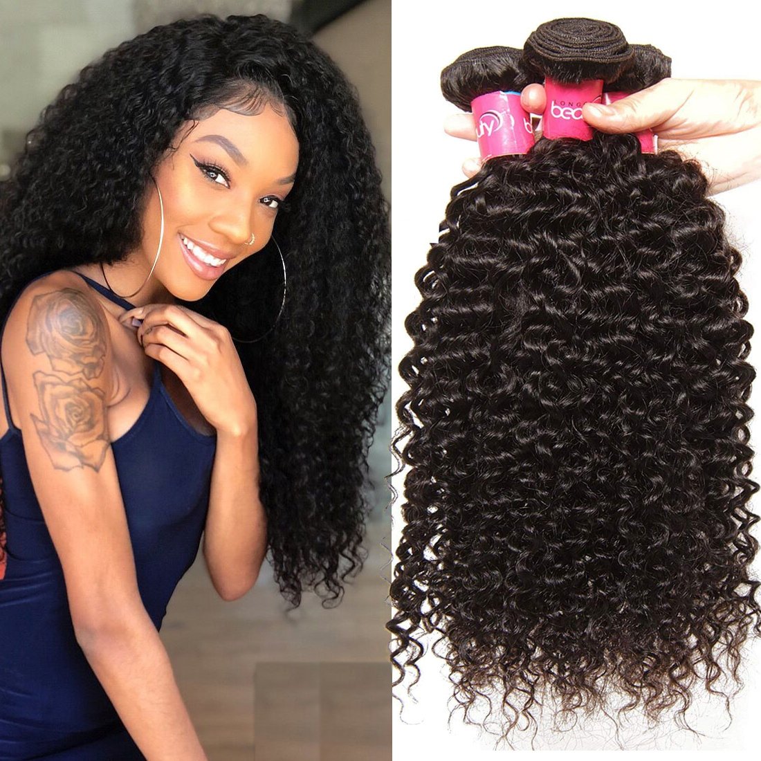 Klaiyi 10A Brazilian Curly Virgin Human Hair Extensions - 3 Bundles (12/14/16 Inch) Unprocessed Natural Color 95-100g/pc - Perfect for Daily Styling, Special Occasions & Salon Use