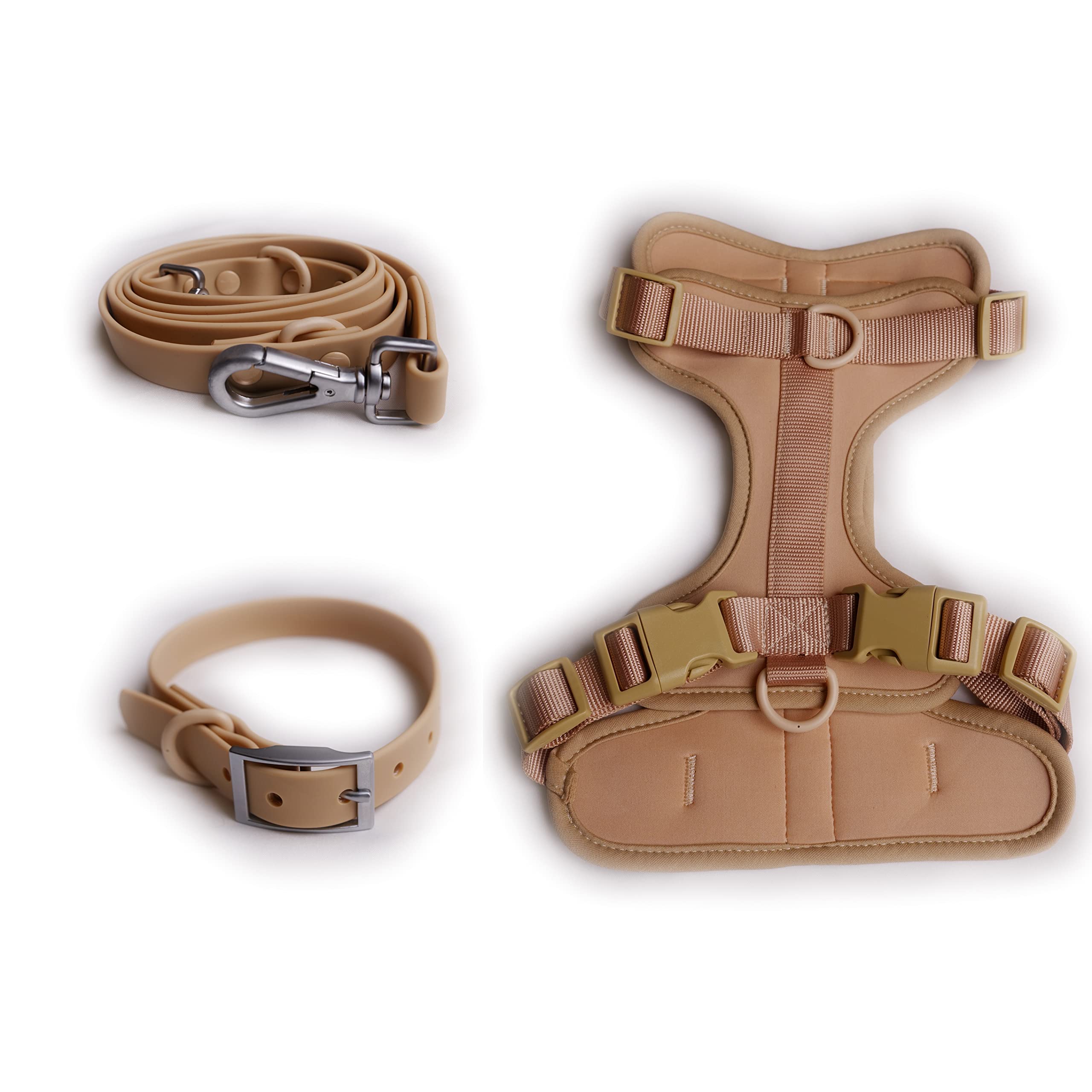 3-Piece Waterproof Dog Leash, Collar & Harness Set - 2 Leash Options with Short Control Leash for Training | Strong Durable Non-Irritating for Medium & Large Dogs (Large, Nude) | Perfect for Walking, Hiking & Outdoor Adventures