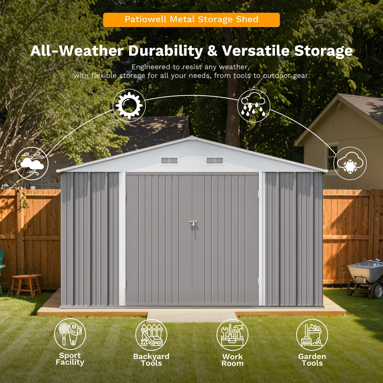 10x12 FT Outdoor Storage Shed with Floor Frame - Heavy Duty Metal Garden Tool Shed with Sloping Roof & Double Lockable Doors - Perfect for Backyard, Patio, Lawn Equipment & Seasonal Storage (Grey)