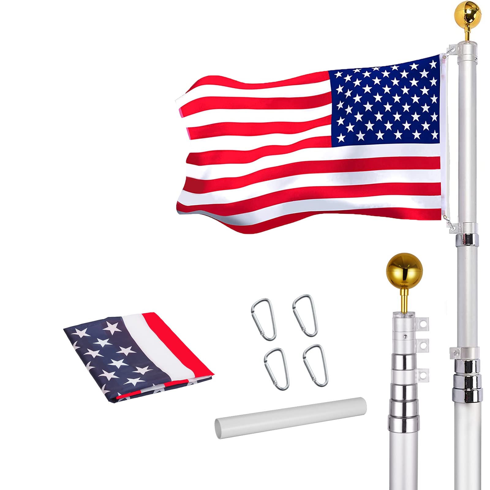 GARVEE 25Ft Aluminum Telescoping Flag Pole Kit with 3x5 USA Flag - Heavy Duty Silver Outdoor Flagpole for Front Yard, Garden, and Patriotic Display