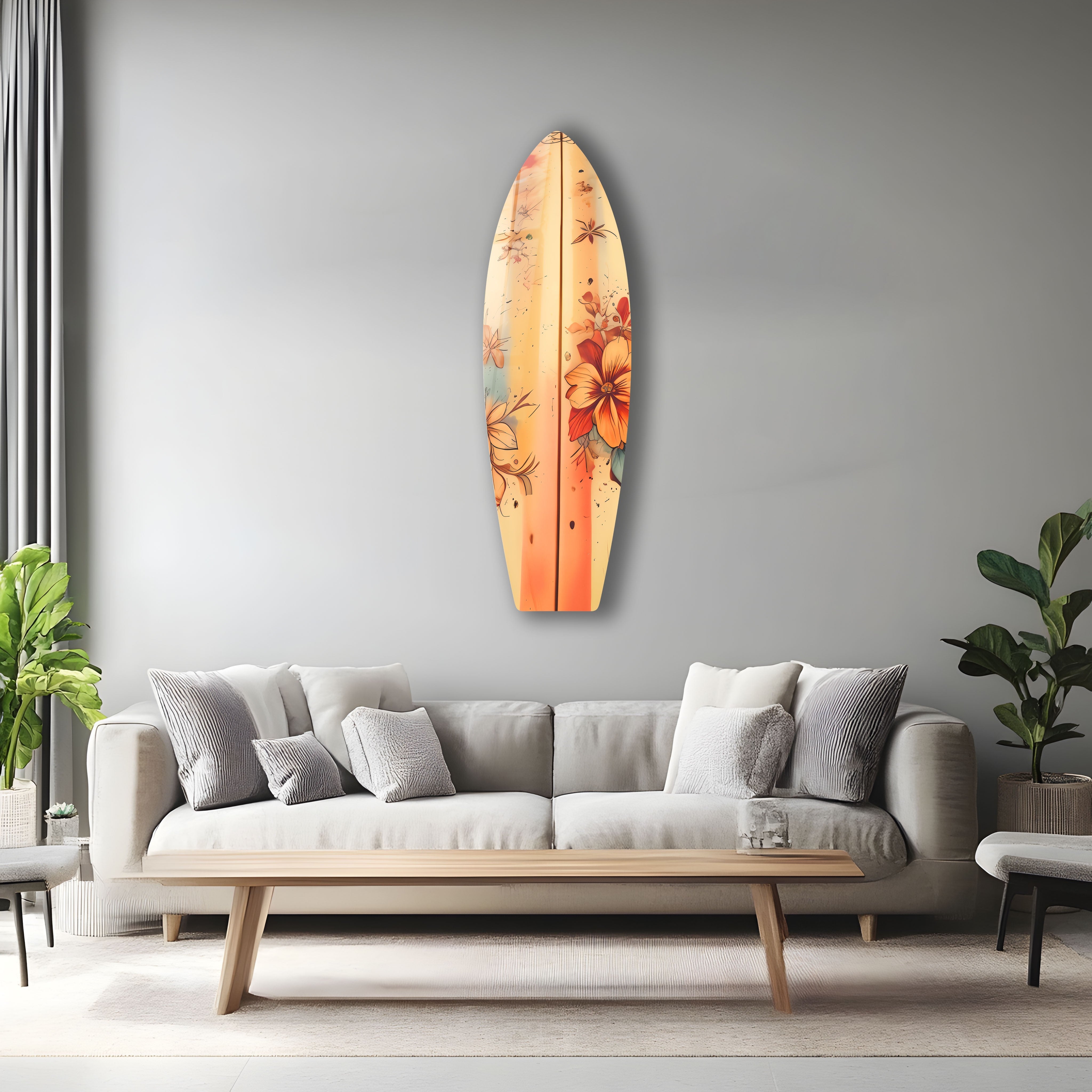 Beige Floral Surfboard Wall Art - Coastal Decor for Beach House, Living Room & Bedroom