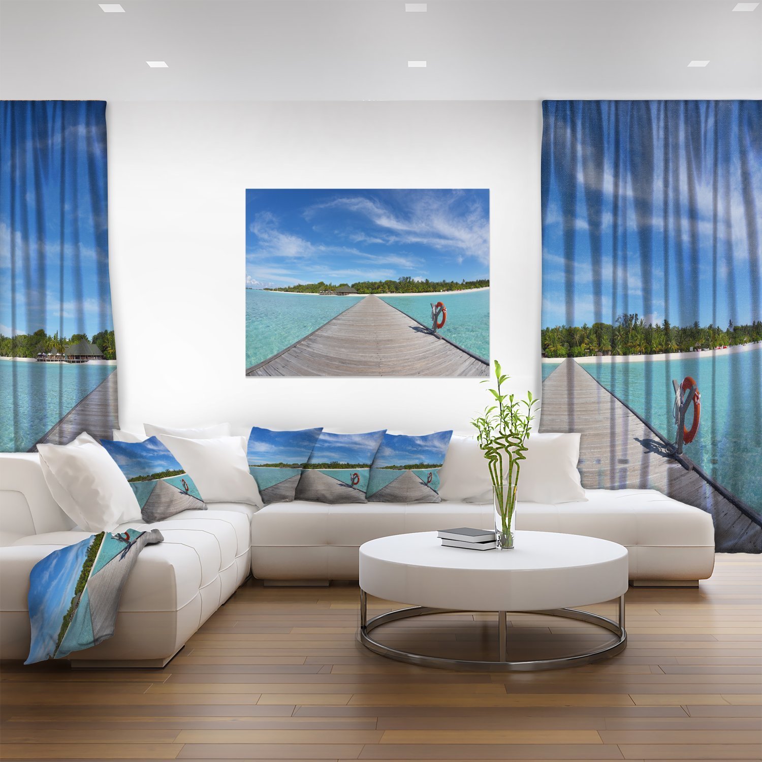 Tropical Beach Wooden Pier & Sea Bridge Canvas Wall Art - Coastal Decor for Living Room, Bedroom, or Office