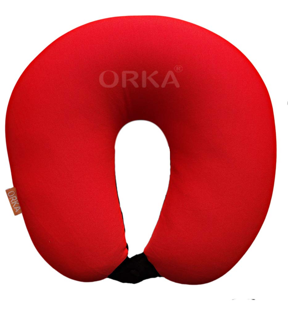 Orka Travel Solid Microbeads U Neck Pillow - Red & Black Colors for Airplane, Car, Office & Home Use