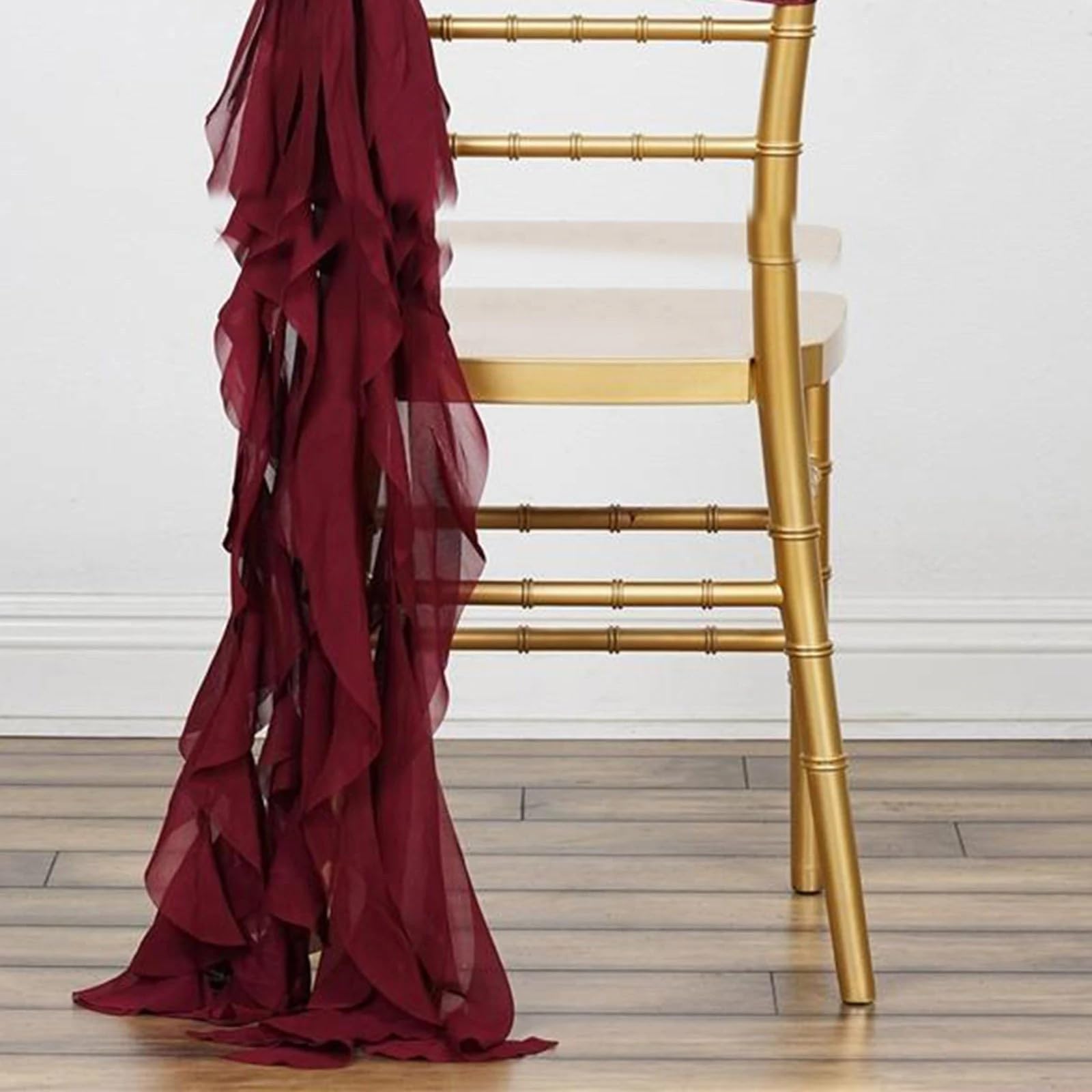50 Burgundy Premium Curly Chiffon Chair Covers with Sashes - Elegant Wedding, Party, Ceremony & Reception Decorations - Perfect for Banquet Halls, Bridal Showers, and Special Events