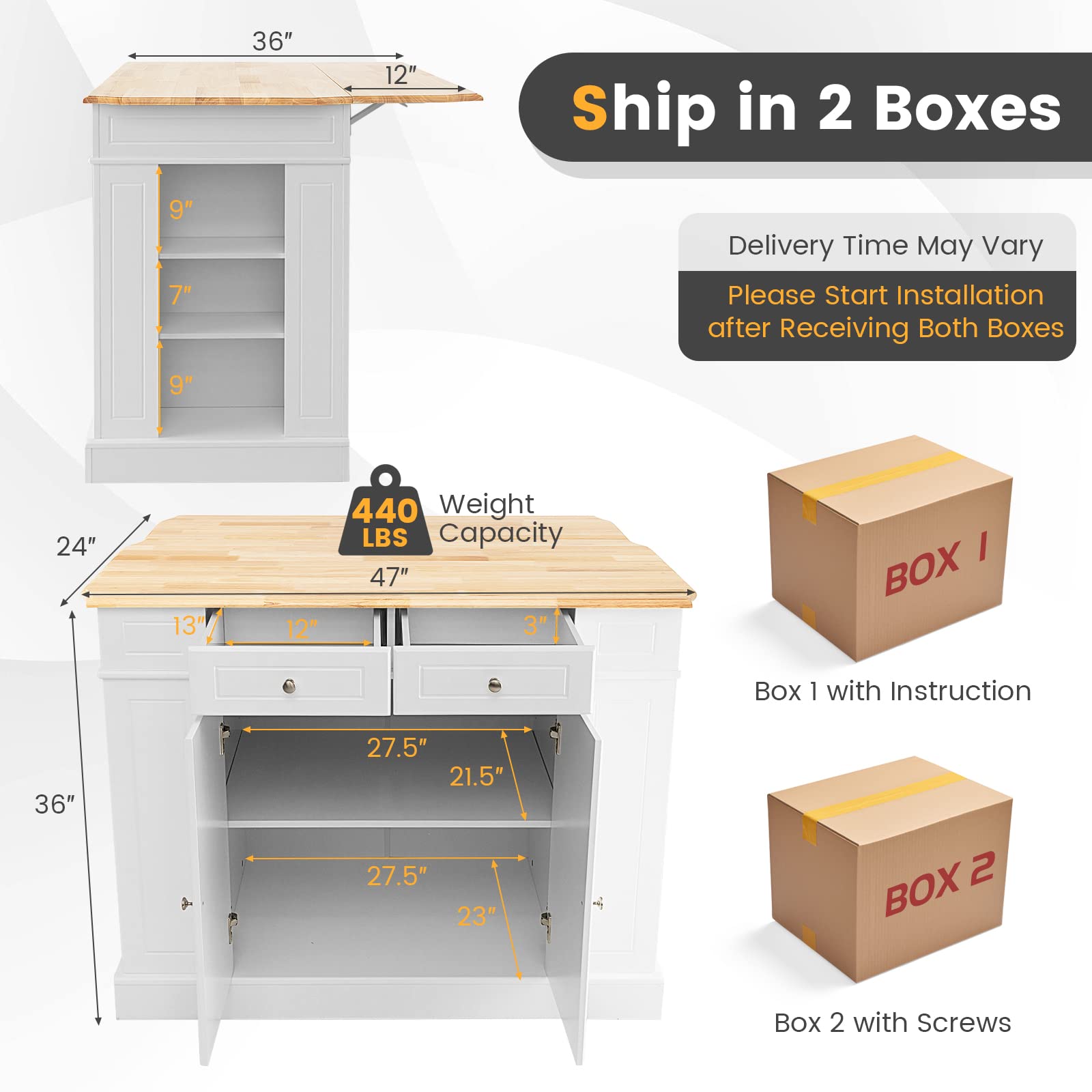White Kitchen Island with Drop Leaf & Storage - Rubber Wood Breakfast Bar, 2 Drawers, Adjustable Shelves & Spice Racks | Perfect for Small Kitchens, Dining Rooms & Home Offices | Space-Saving Stationary Island Table for Meal Prep & Entertaining