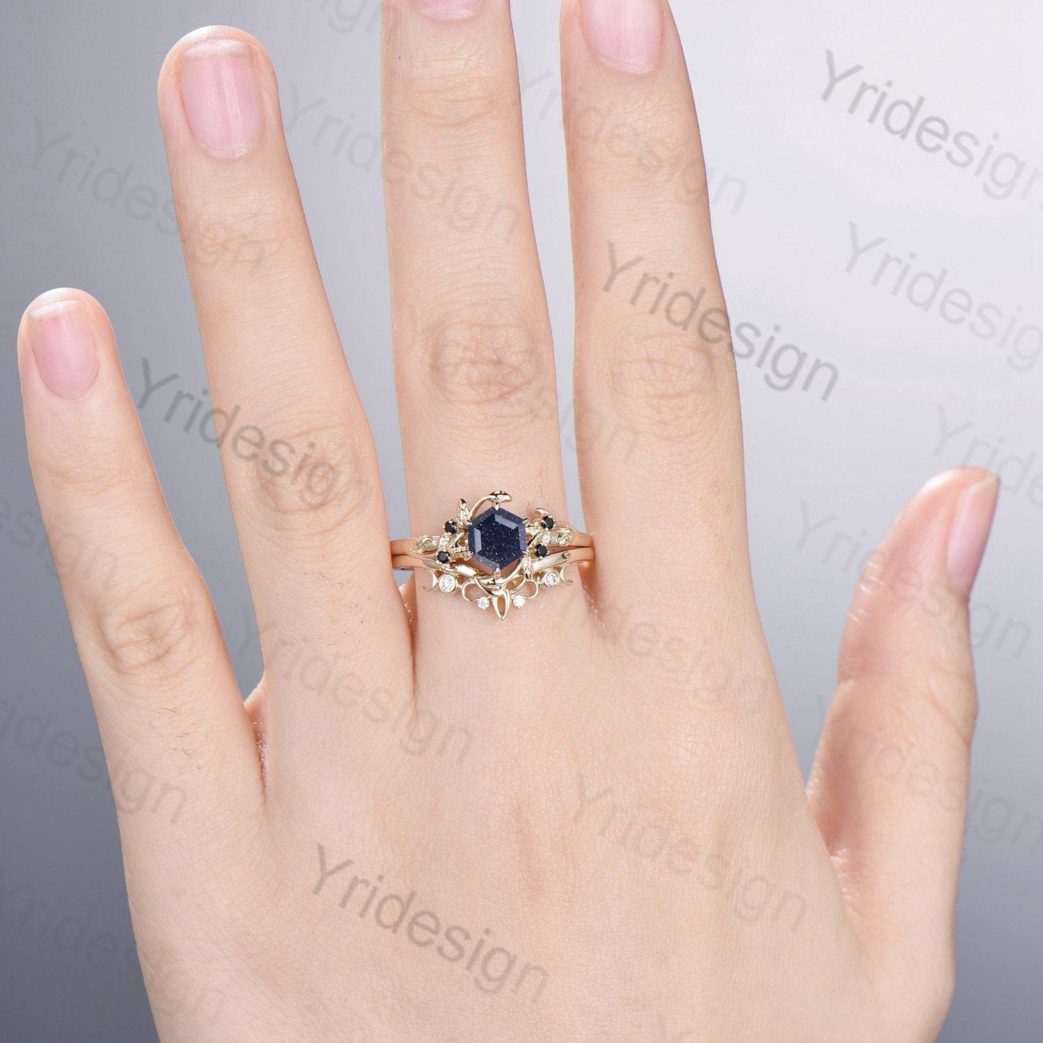 Elegant Hexagon Cut Blue Sandstone Wedding Ring Set - Nature Inspired Leaf Galaxy Engagement Ring for Women - Black Spinel Crystal Unique Bridal Jewelry - Perfect for Weddings, Anniversaries & Special Occasions
