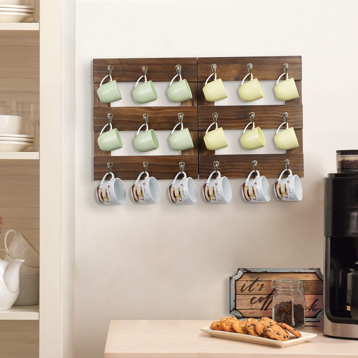 Foldable Wall Mounted Wood Coffee Mug Holder Stand with 18 Hooks - Dark Brown Cup Rack Organizer for Coffee Station, Kitchen Storage & Home Decor - Perfect for Small Spaces, Dorm Rooms & Office Organization