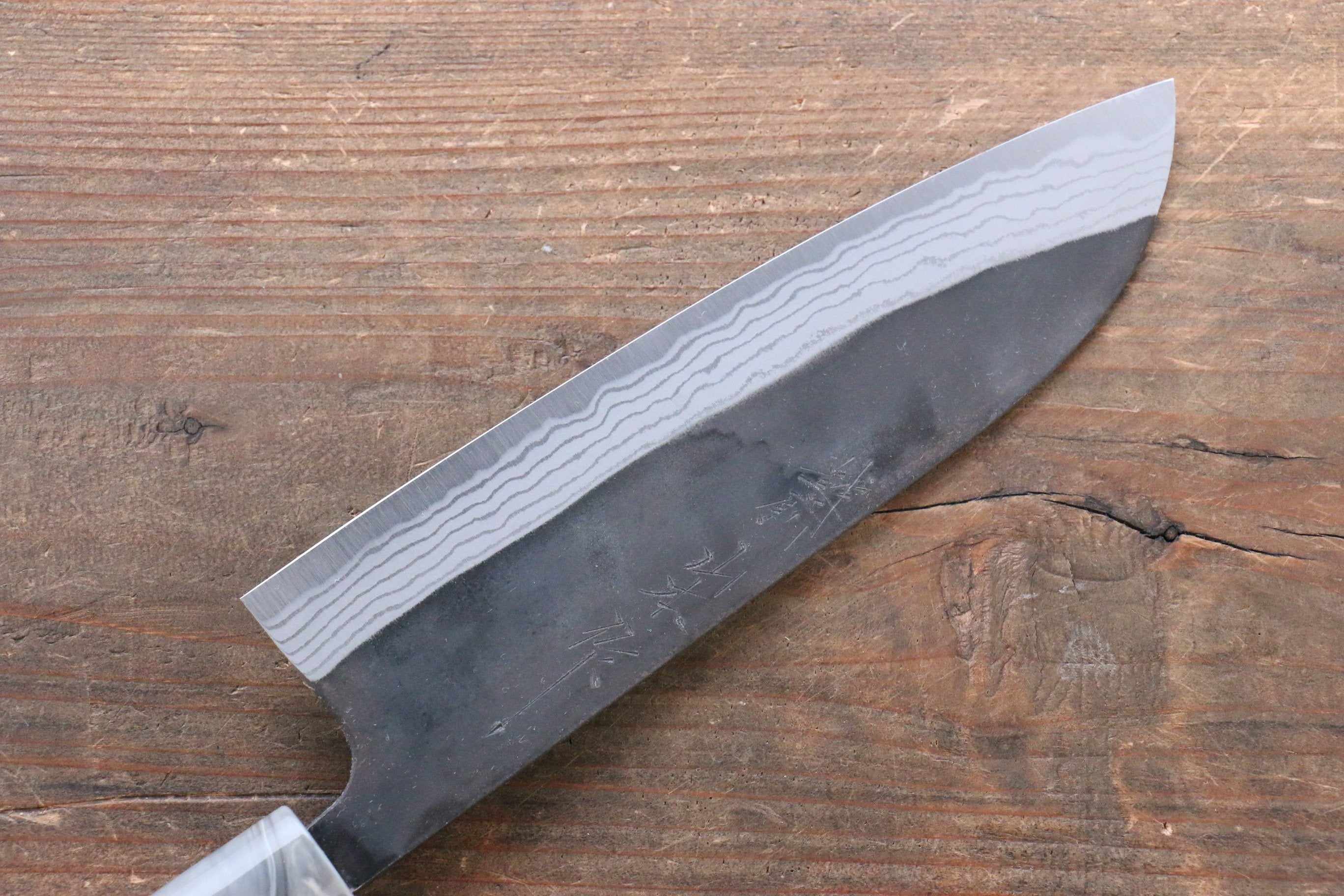 Premium Nao Yamamoto White Steel No.2 Kurouchi Damascus Santoku Knife 170mm with American Cherry Wood Handle - Perfect for Slicing, Dicing & Chopping Vegetables in Professional & Home Kitchens