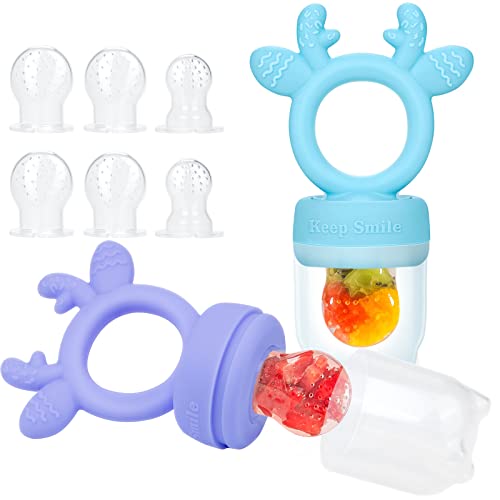 **SHARE&CARE Baby Fresh Food Feeder Pacifier (2 Pack) - 3 Sizes Replaceable Silicone Pouches, BPA-Free Food Grade Silicone for Teething & Fresh Fruit - Blue & Purple - Perfect for Infants & Toddlers**    *(Use Case: Ideal for introducing solid foods, soothing teething discomfort, and promoting independent feeding for babies 6+ months.)*