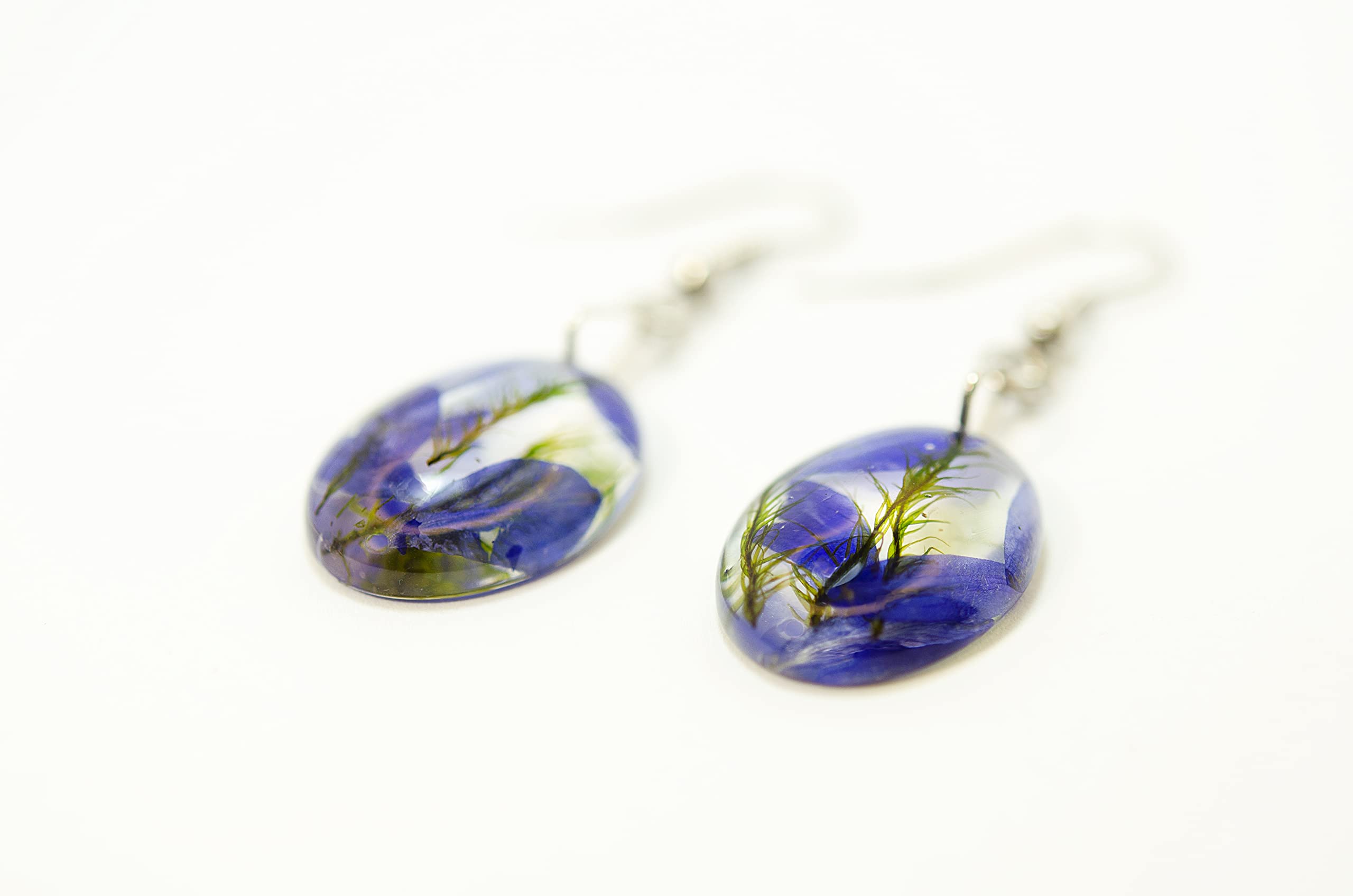 Handmade Resin Earrings with Blue Larkspur & Natural Moss - Pressed Real Flower Jewelry for Women - Boho Floral Dangle Earrings for Weddings, Parties & Everyday Wear