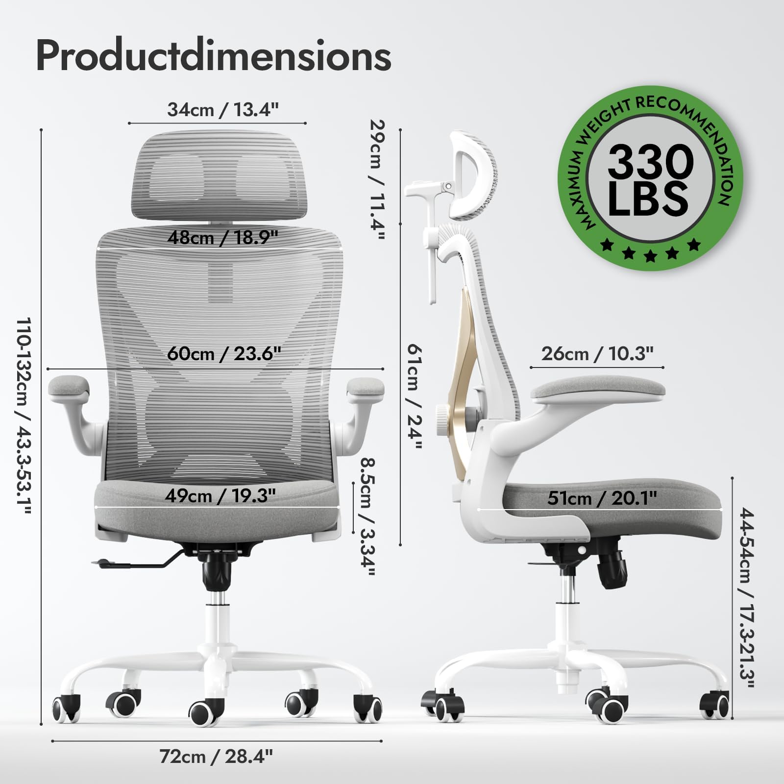Ergonomic Office Chair with Lumbar Support & Headrest - Adjustable X-Shaped Computer Desk Chair for Home Office, Gaming, and Long Work Hours - Breathable Mesh Back, Comfortable Seat Cushion (Grey Gold) - Perfect for Remote Work, Online Classes, and Extended Computer Use