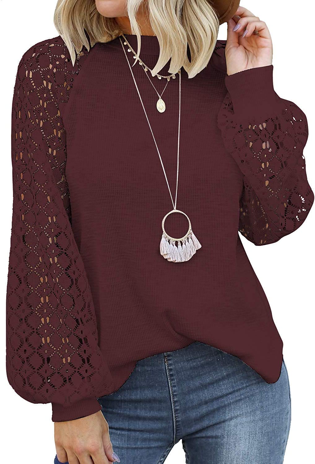Elegant Women's Lace Long Sleeve Tops - Fall Fashion Casual Loose Blouse T-Shirt for Everyday Wear | Perfect for Office, Dating & Autumn Outfits