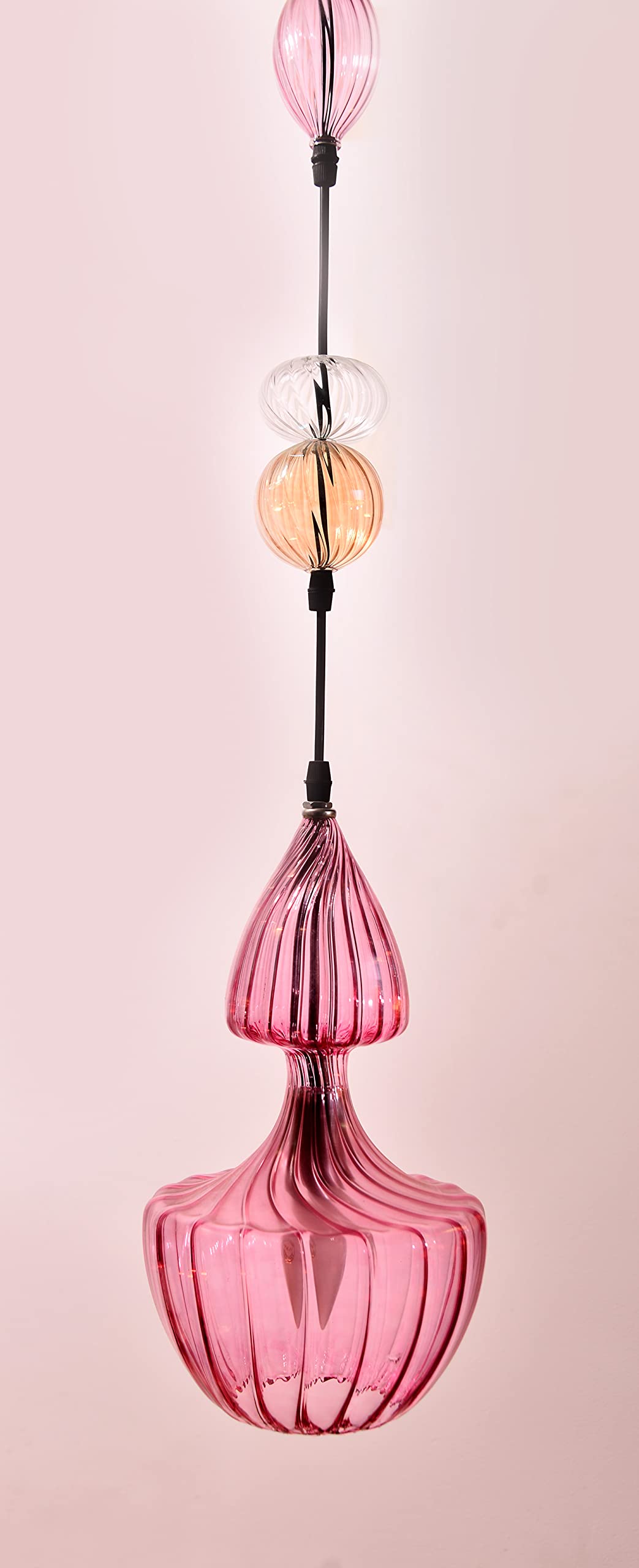 Elegant Pink Ribbed Glass Pendant Light for Kitchen Island - Handmade Blown Glass Ceiling Lighting by ECIT - Perfect for Dining Room, Bar, and Modern Home Decor