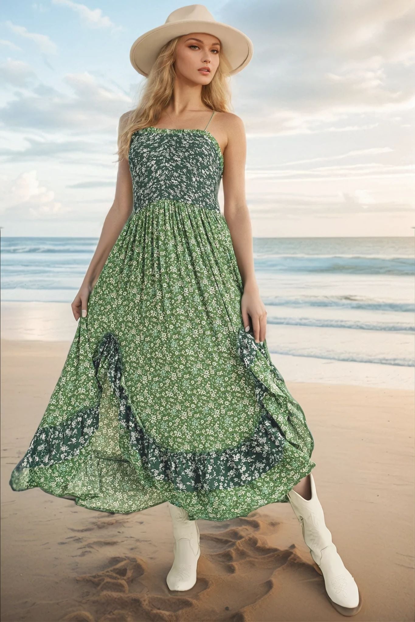 Summer Green Floral Ruffled Hem Maxi Cami Dress - Women's Boho Chic Sundress for Beach Vacation, Date Night & Outdoor Parties