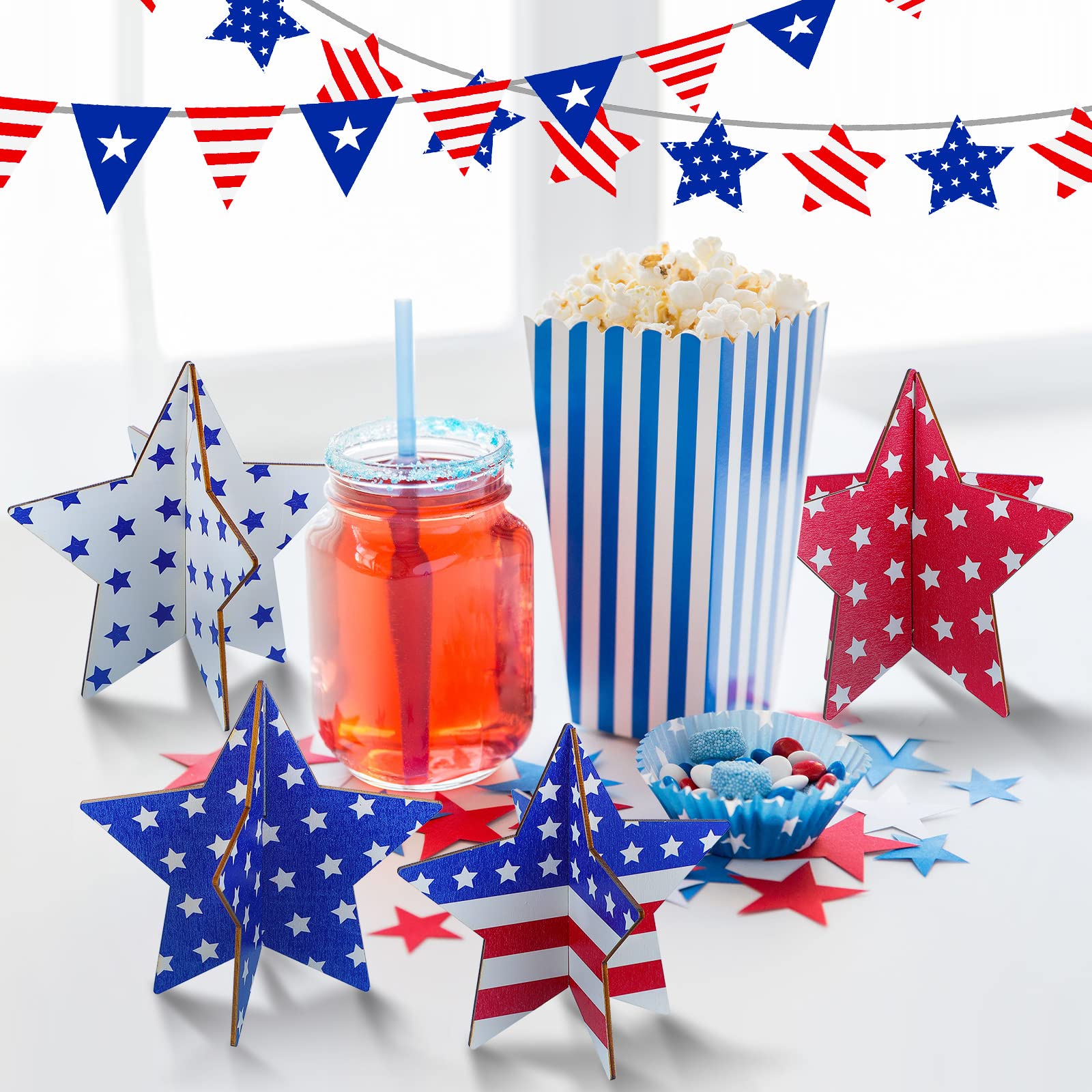 Bucherry 4 Sets Patriotic Wooden Stars Signs - Red White Blue Memorial Day & 4th of July Tiered Tray Decor | 3D Independence Day Table Centerpieces for Home, Living Room & Dining Room Decorations | Perfect for Holiday Parties & Patriotic Celebrations