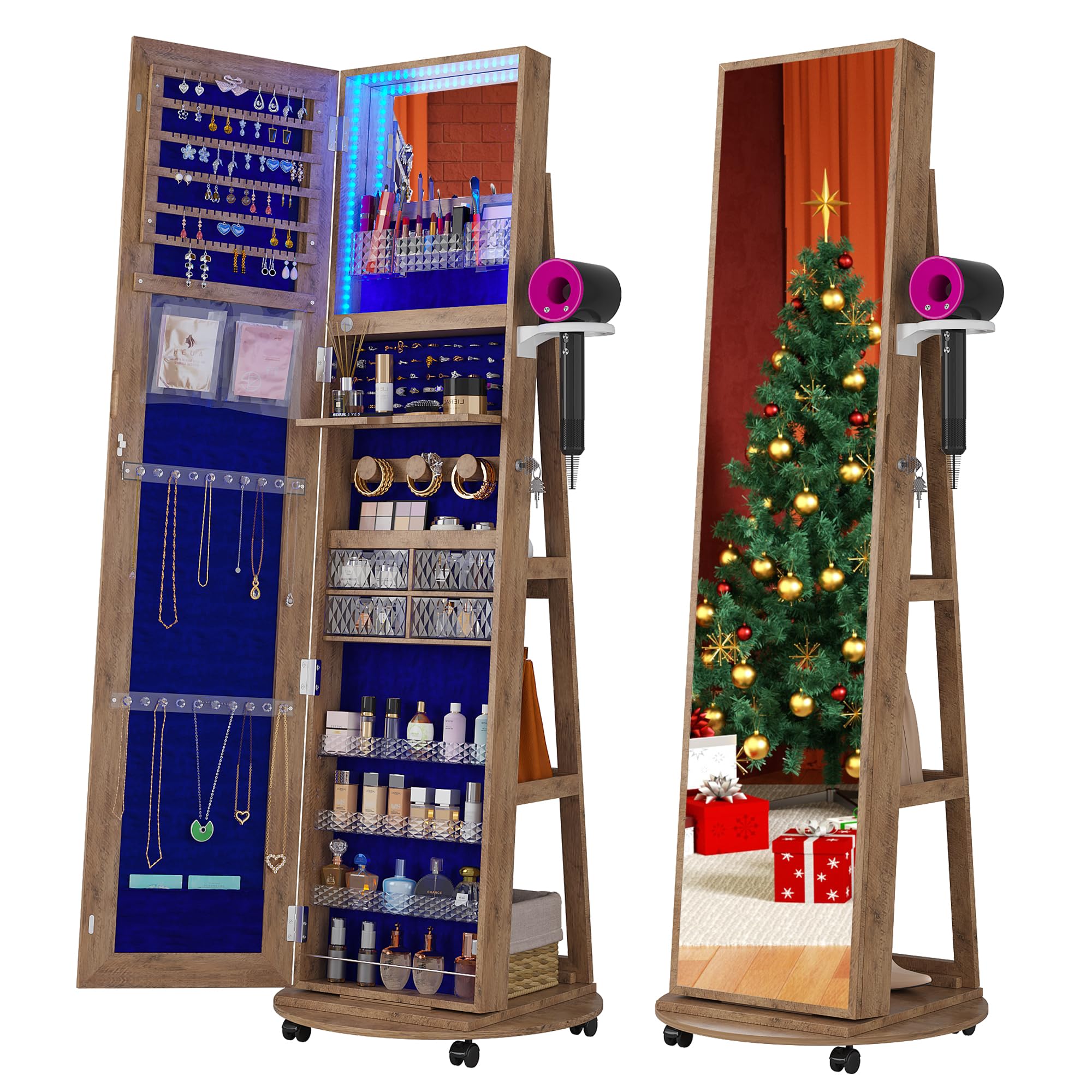 360° Swivel Jewelry Armoire with LED Mirror & Lockable Wheels - Full Length Standing Mirror with Jewelry Storage, Foldable Makeup Shelf & Wooden Organizer Cabinet - Perfect for Bedroom, Closet & Dressing Room Organization