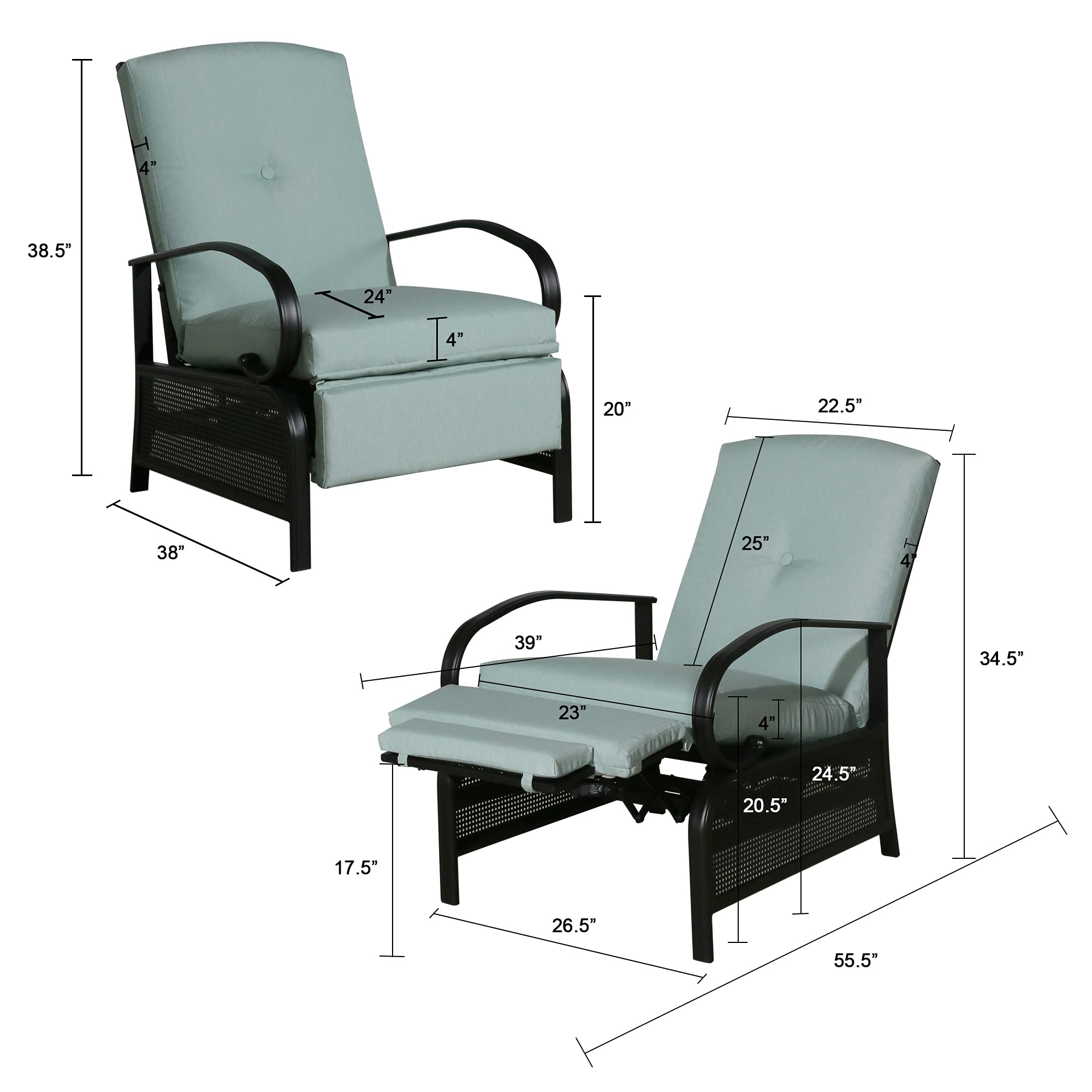 Adjustable Outdoor Reclining Lounge Chair - Patio Recliner with Sturdy Extendable Metal Frame & Removable Cushions - Perfect for Backyard, Poolside, Beach Relaxation & Sunbathing (Mist)