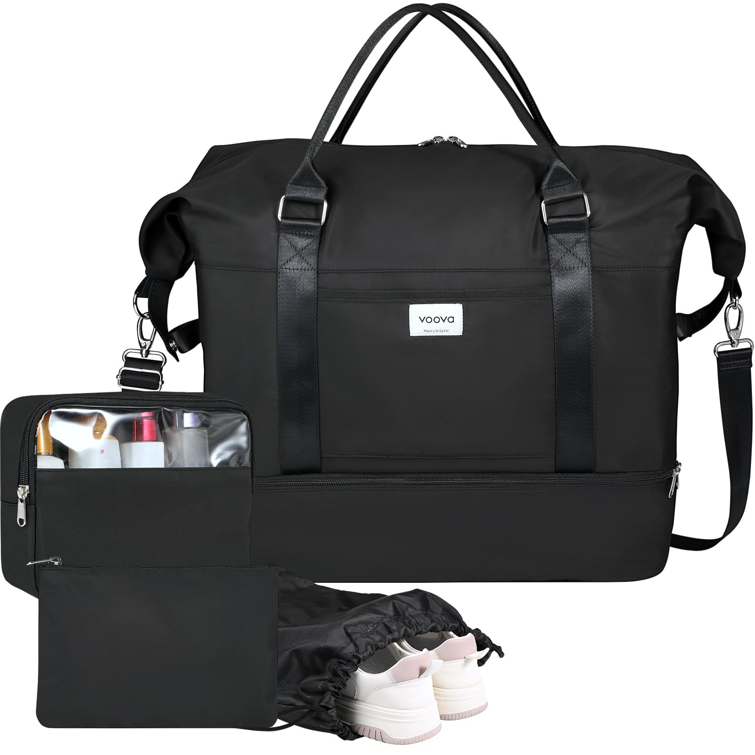 Voova Weekender Bags for Women & Men - Large Travel Duffle Bag with Shoe Compartment & 4 Toiletry Bags - Perfect Carry-On Overnight Bag for Gym, Yoga, Hospital & Weekend Getaways (Black)
