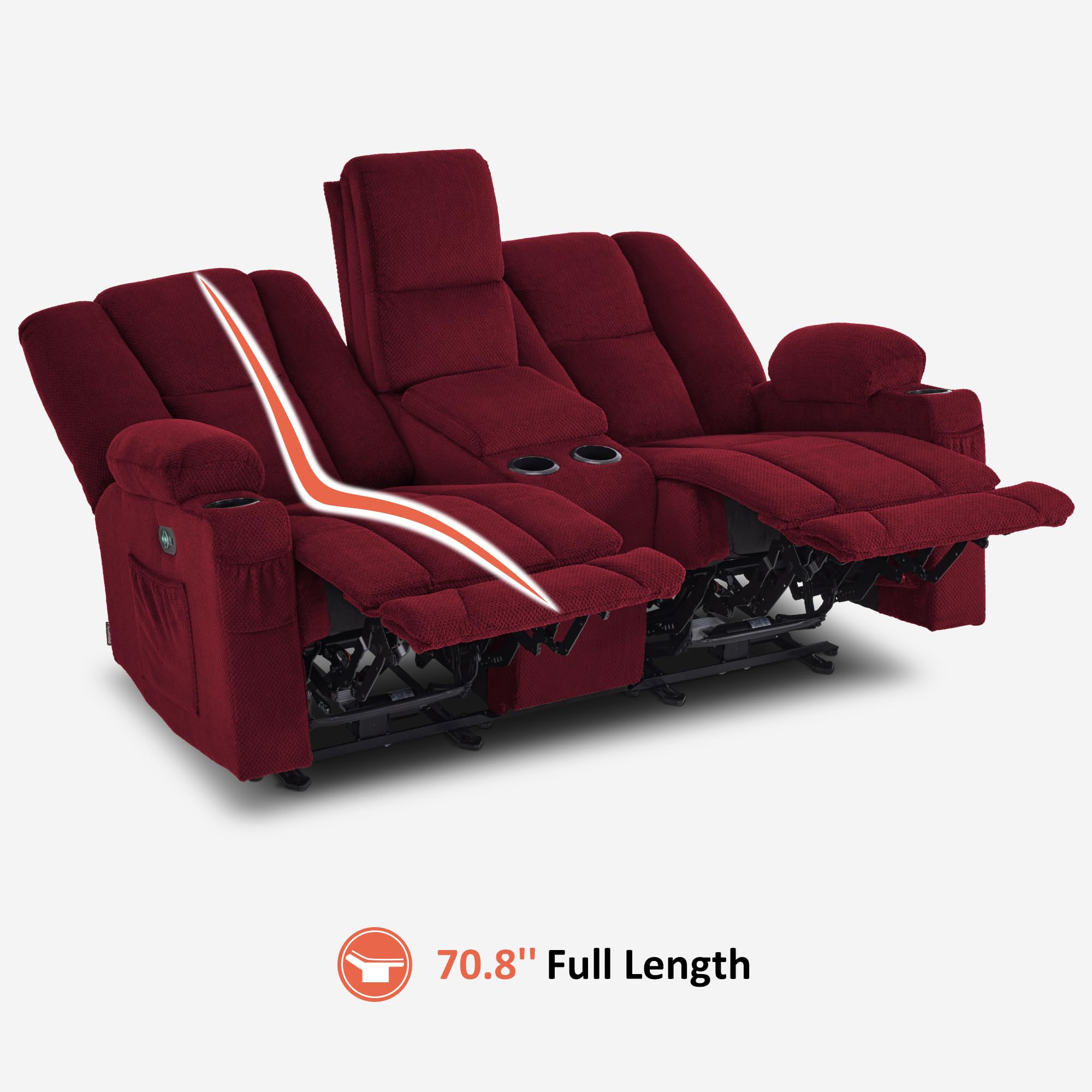 MCombo Electric Reclining Loveseat Sofa with Console - Heated & Massage Fabric Power Recliner with Cup Holders & USB Charger for Living Room, Home Theater, and Family Room (Burgundy, Model 6045)