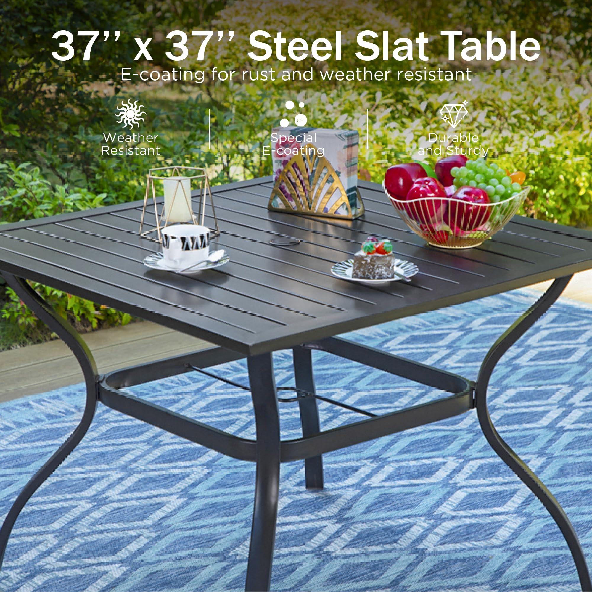 PHI VILLA 6-Piece Outdoor Dining Set with 4 Stackable Metal Chairs, 1 Square Table & 10ft 3-Tier Umbrella (Navy Blue) - Patio Furniture for Backyard, Deck, Garden, Poolside & Outdoor Entertaining