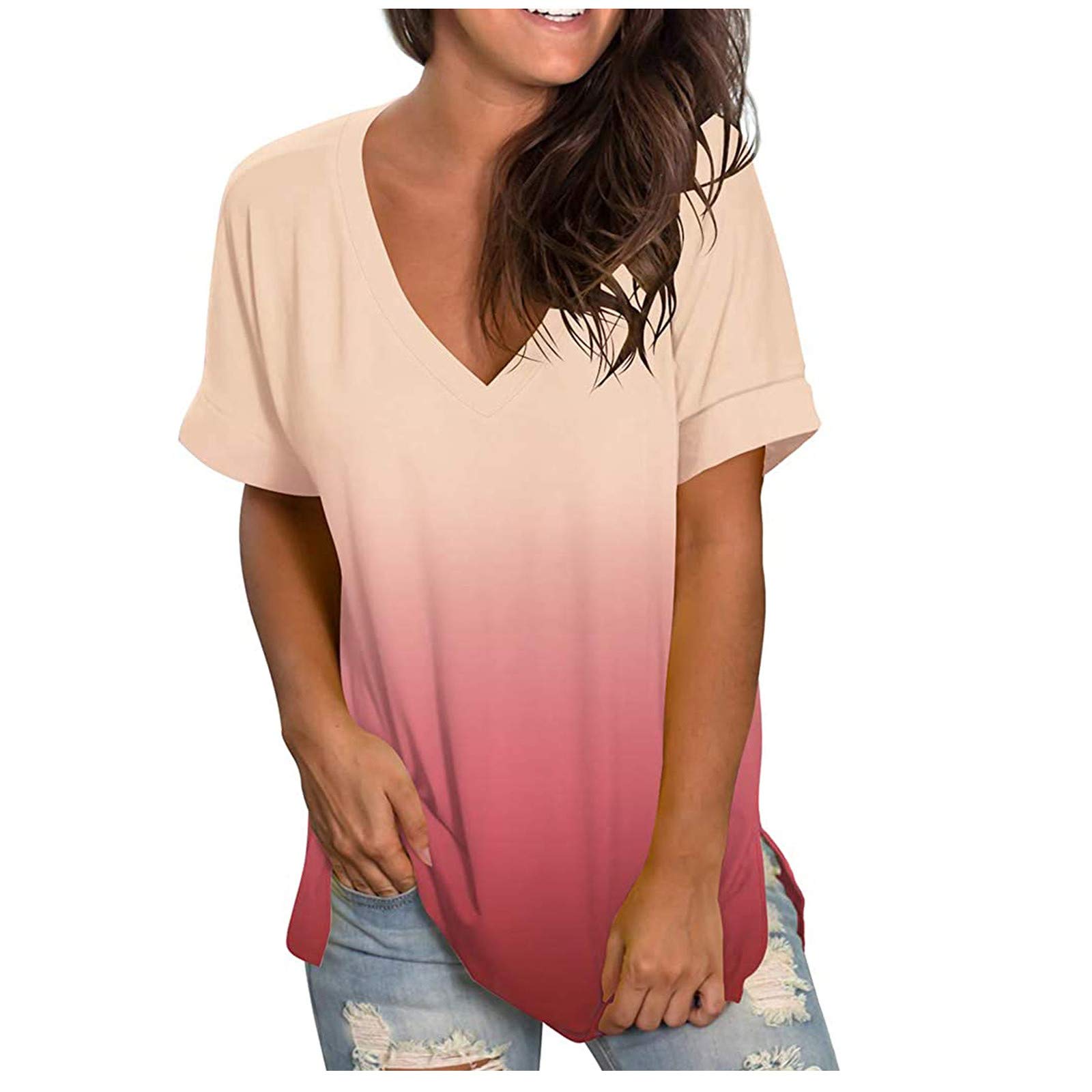 Lmtime Women's Casual Gradient V-Neck Short Sleeve T-Shirt - Loose Fit Blouse for Everyday Wear | Perfect for Summer Outfits, Beach Vacations & Casual Office Looks