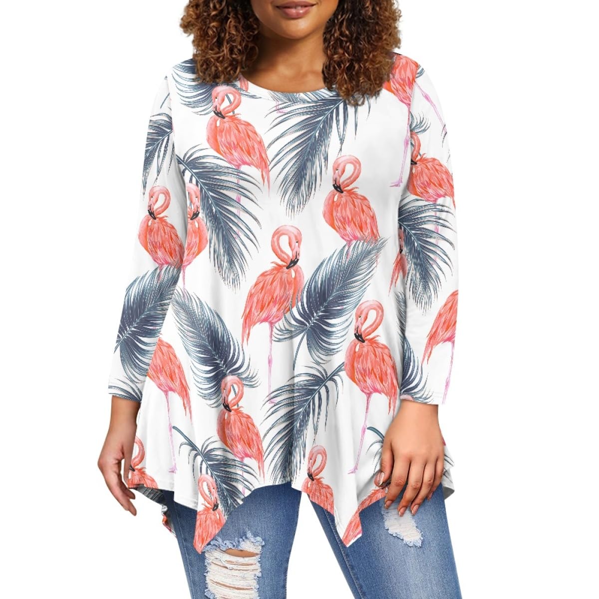 ENLACHIC Women's Hawaiian Flamingo Print Tunic Top - Long Sleeve Asymmetrical Flowy Tropical Blouse for Plus Size - Perfect for Beach Vacations, Summer Parties & Casual Outings