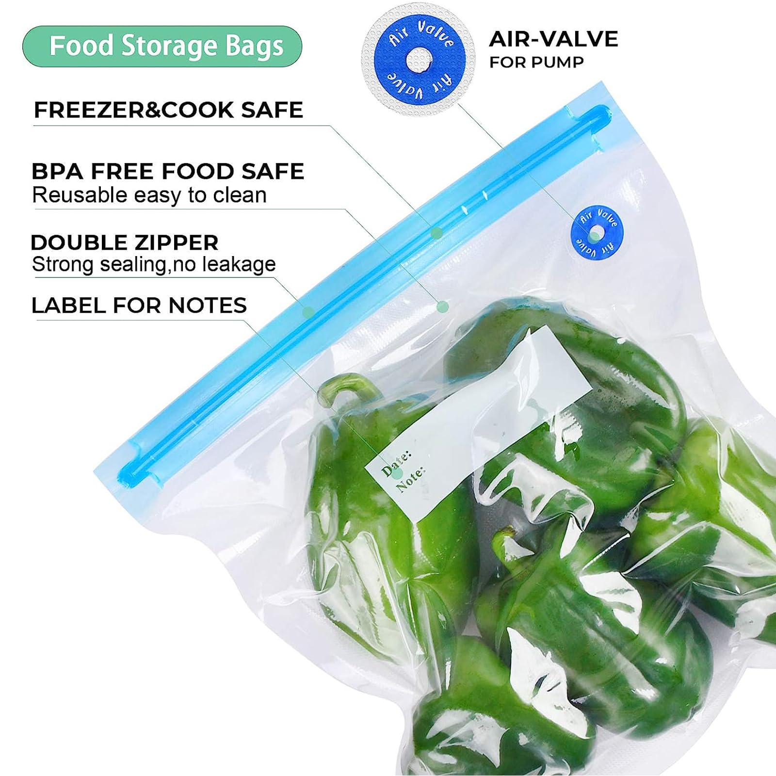 Premium Sous Vide Bags 31 Pcs Set - 24 Reusable BPA-Free Vacuum Zipper Bags, 2 Seal Clips & 5 Air Valves | Food Grade Vacuum Sealer Bags for Sous Vide Cooking, Meal Prep, Freezer Storage & Microwave Heating | Perfect for Home Chefs & Meal Preppers