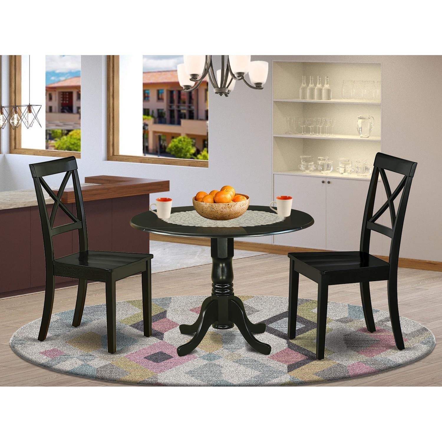 East West Furniture DLBO3-BLK-W 3-Piece Round Drop Leaf Dining Table Set with 2 Wooden Chairs for Small Spaces, 42x42 Inch, Black - Perfect for Apartments, Breakfast Nooks & Cozy Kitchens